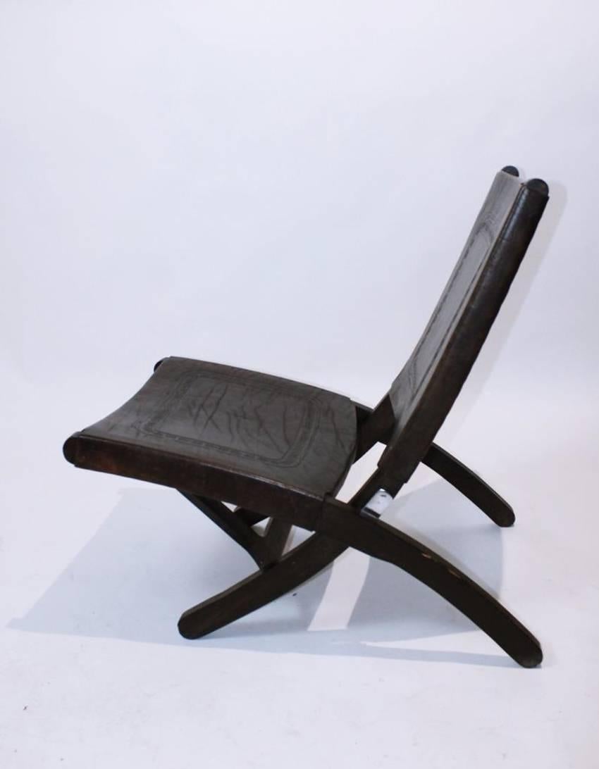 Cowhide Mid-Century Modern Tooled Leather Folding Lounge Chair 1970  For Sale