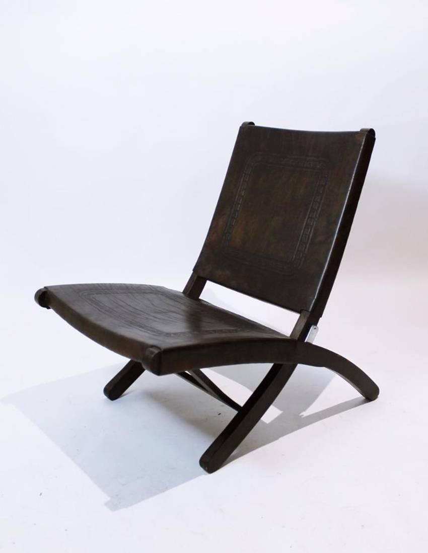 Mid-Century Modern Tooled Leather Folding Lounge Chair 1970  For Sale 1
