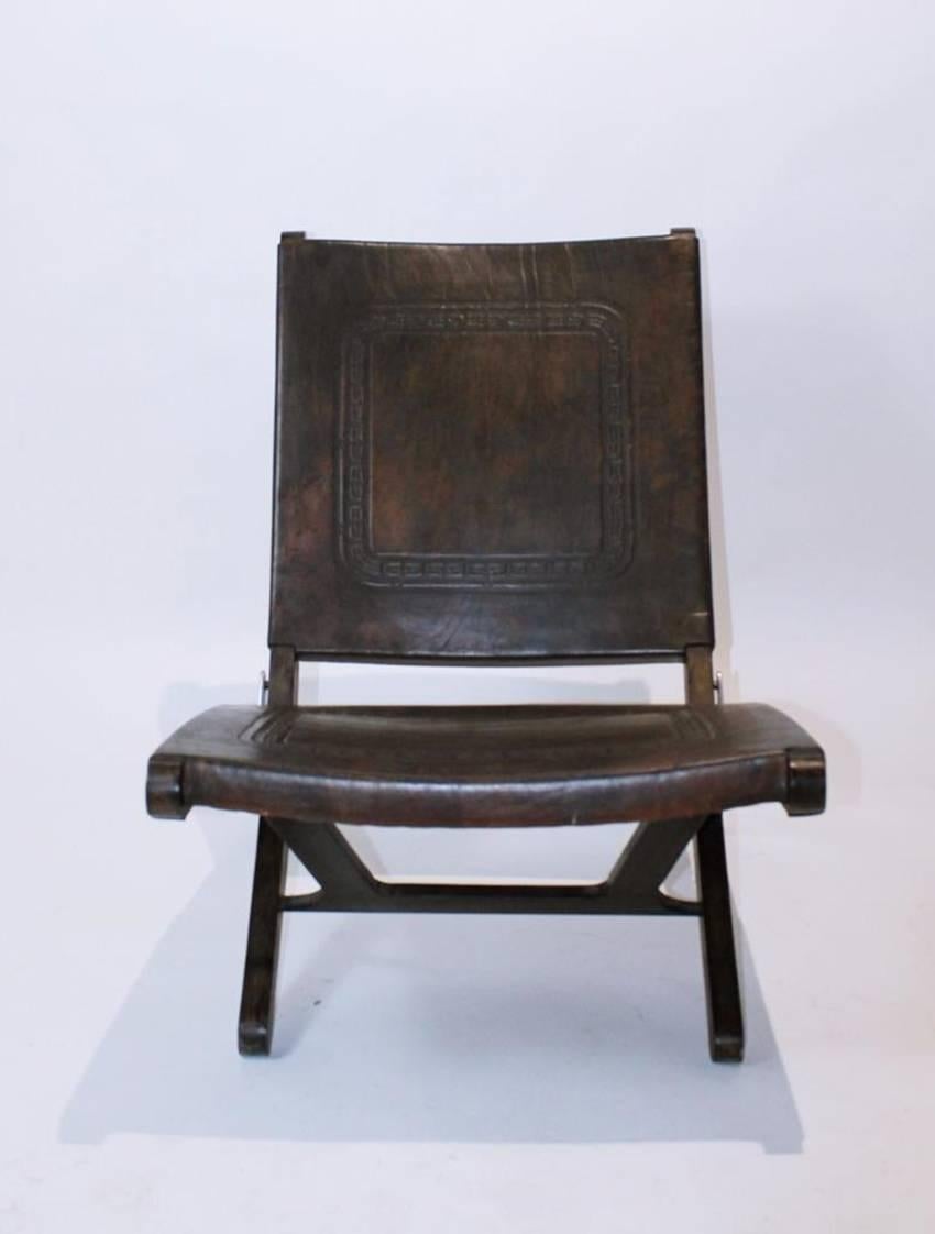 Mid-Century Modern Tooled Leather Folding Lounge Chair 1970  For Sale 2