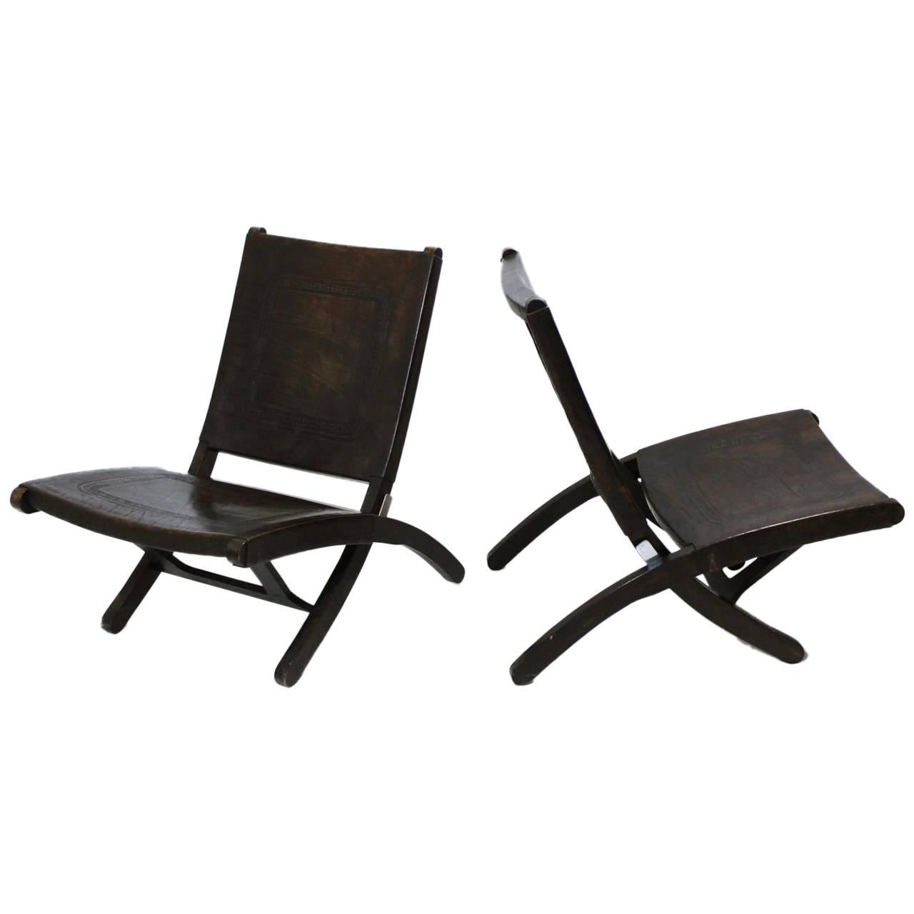 Mid-Century Modern Tooled Leather Folding Lounge Chair 1970  For Sale
