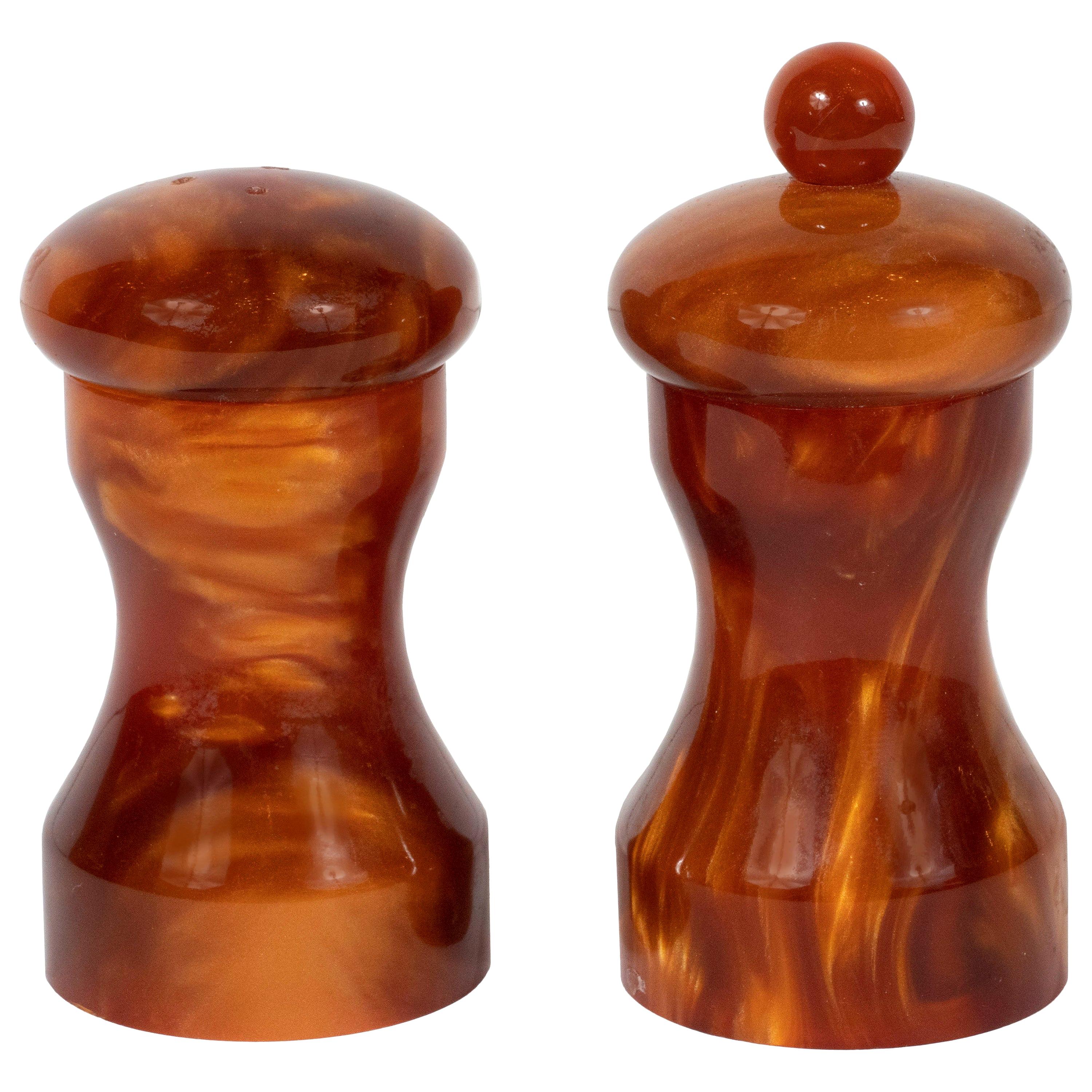 Mid-Century Modern Tortoise Bakelite Salt and Pepper Shaker Set by Au Bain Marie For Sale