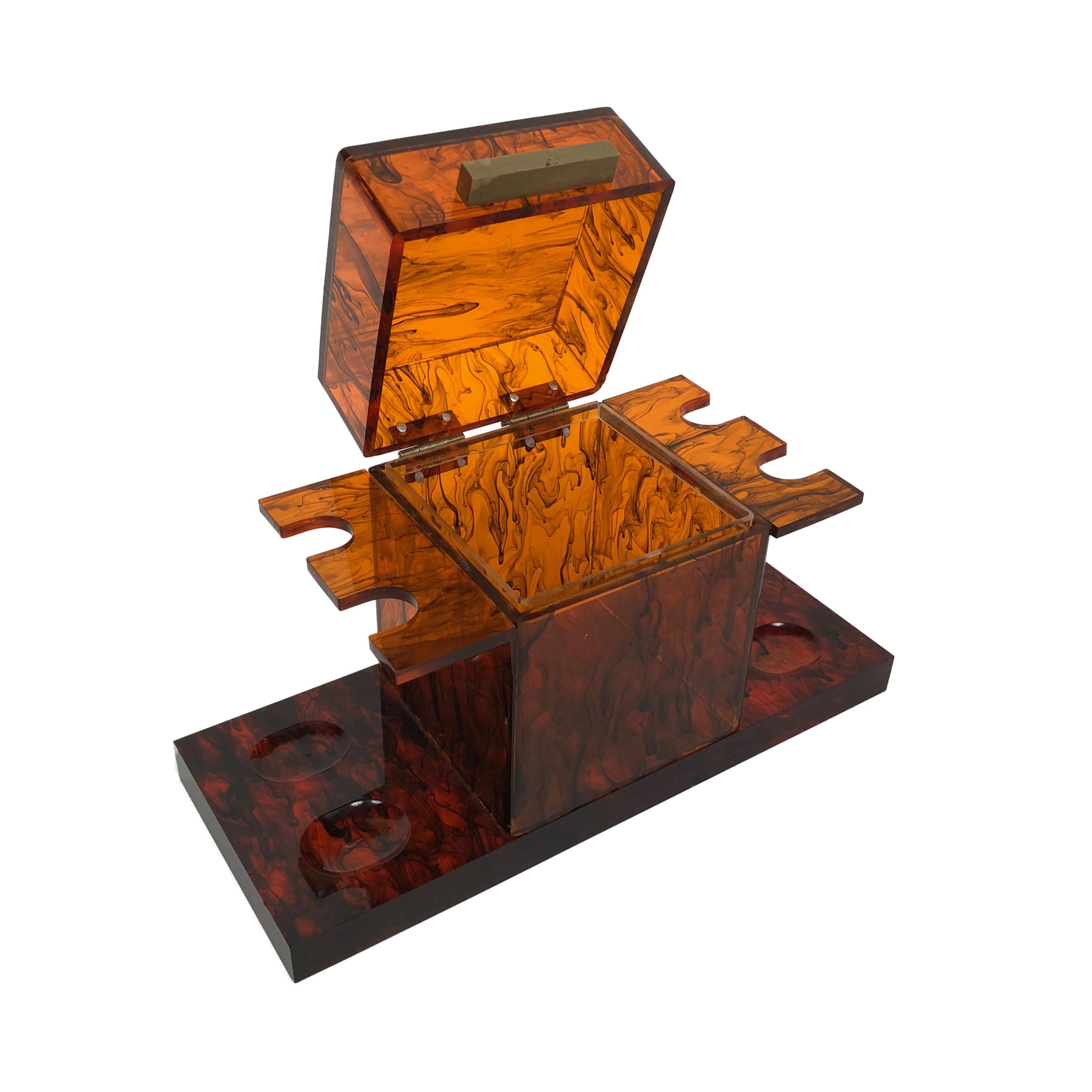 Late 20th Century Mid-Century Modern Tortoiseshell Pipe Holder and Tabac Box in Lucite
