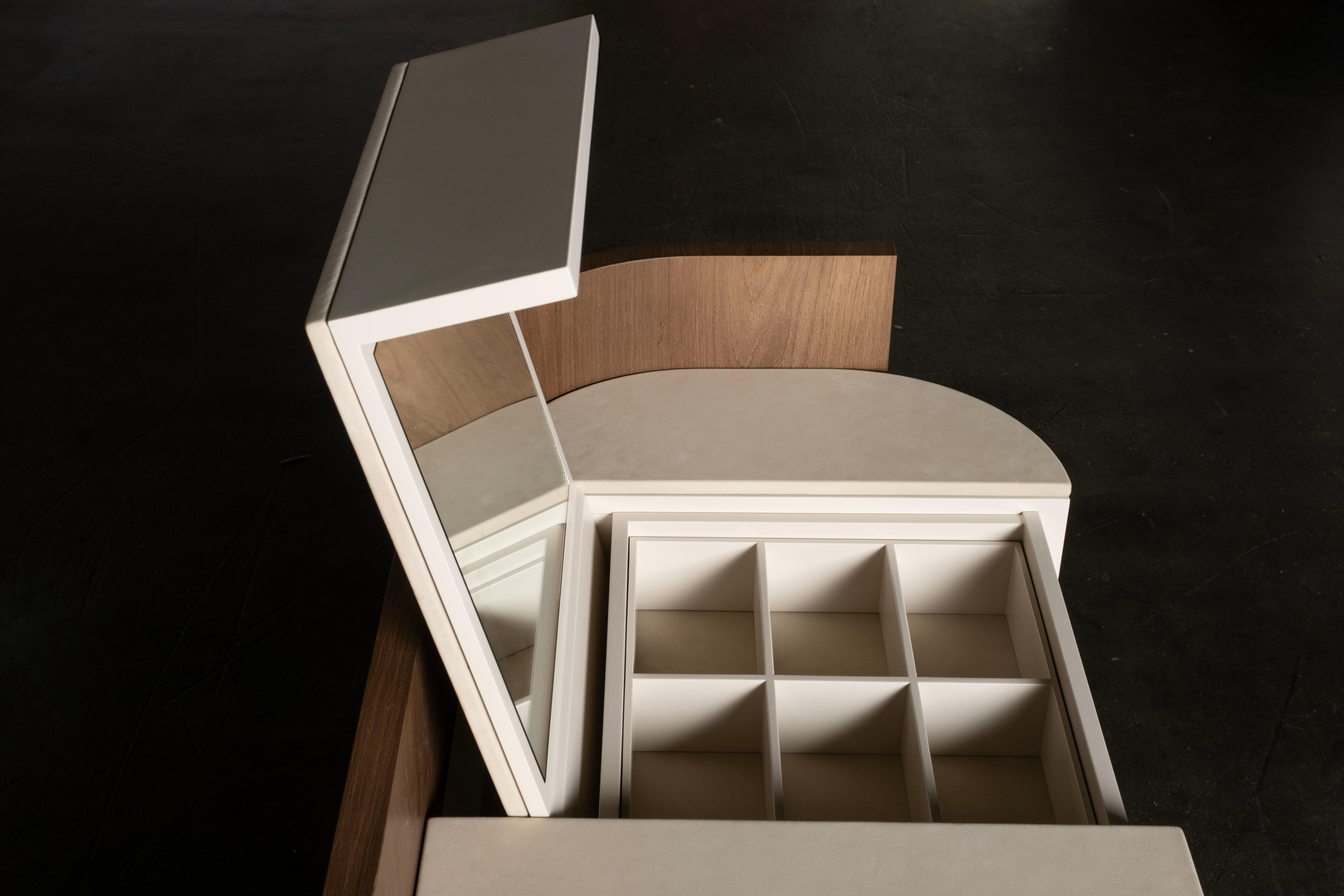 Mid-Century Modern Toscana Vanity Table Oak Beige Leather Handmade by Greenapple For Sale 5