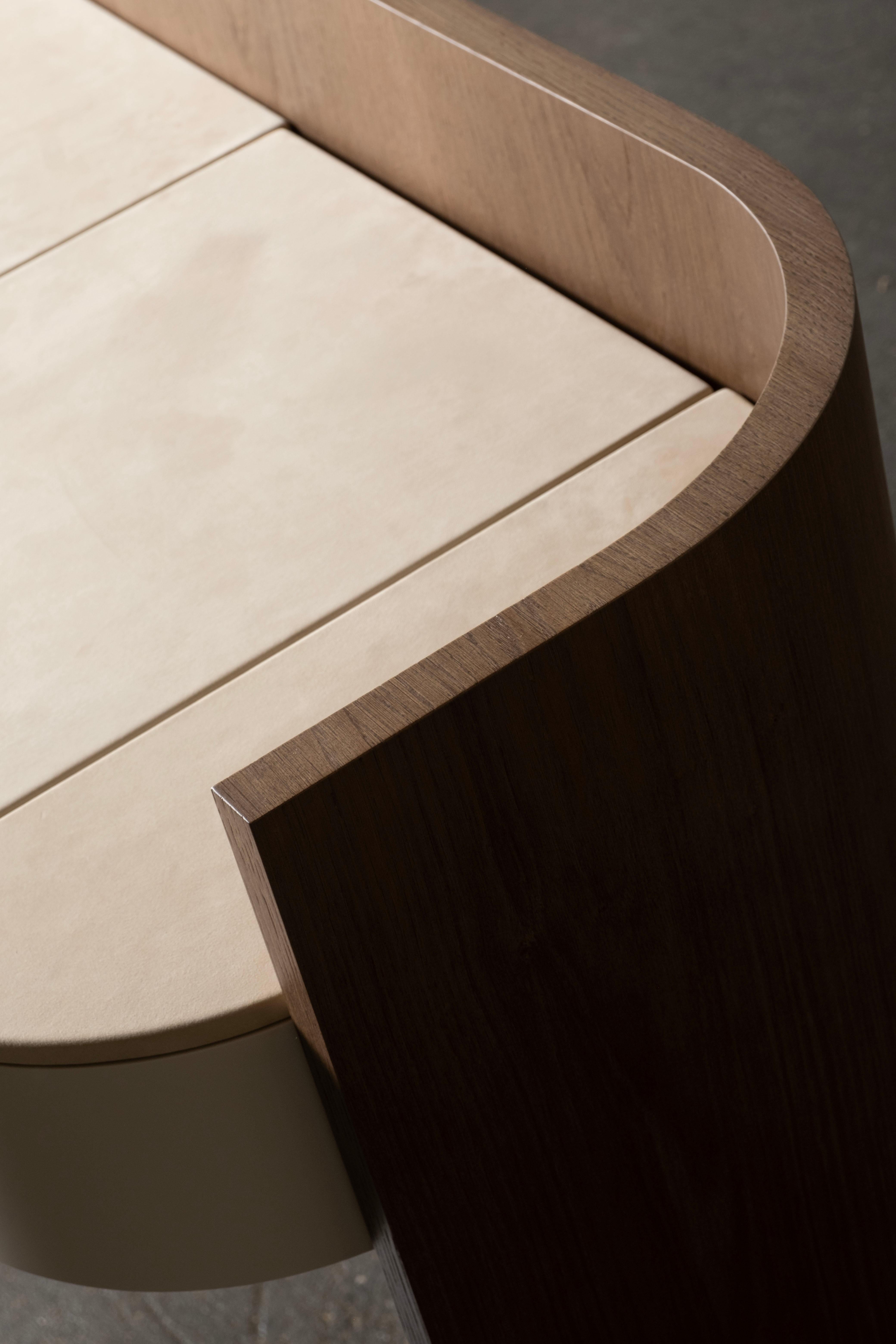 Mirror Mid-Century Modern Toscana Vanity Table Oak Beige Leather Handmade by Greenapple For Sale