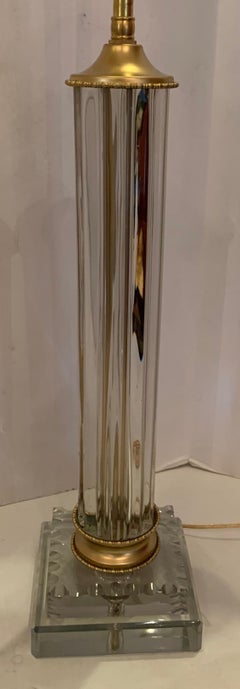 Mid-Century Modern Transitional Deco Column Doré Bronze Crystal Glass Lamp, Pair