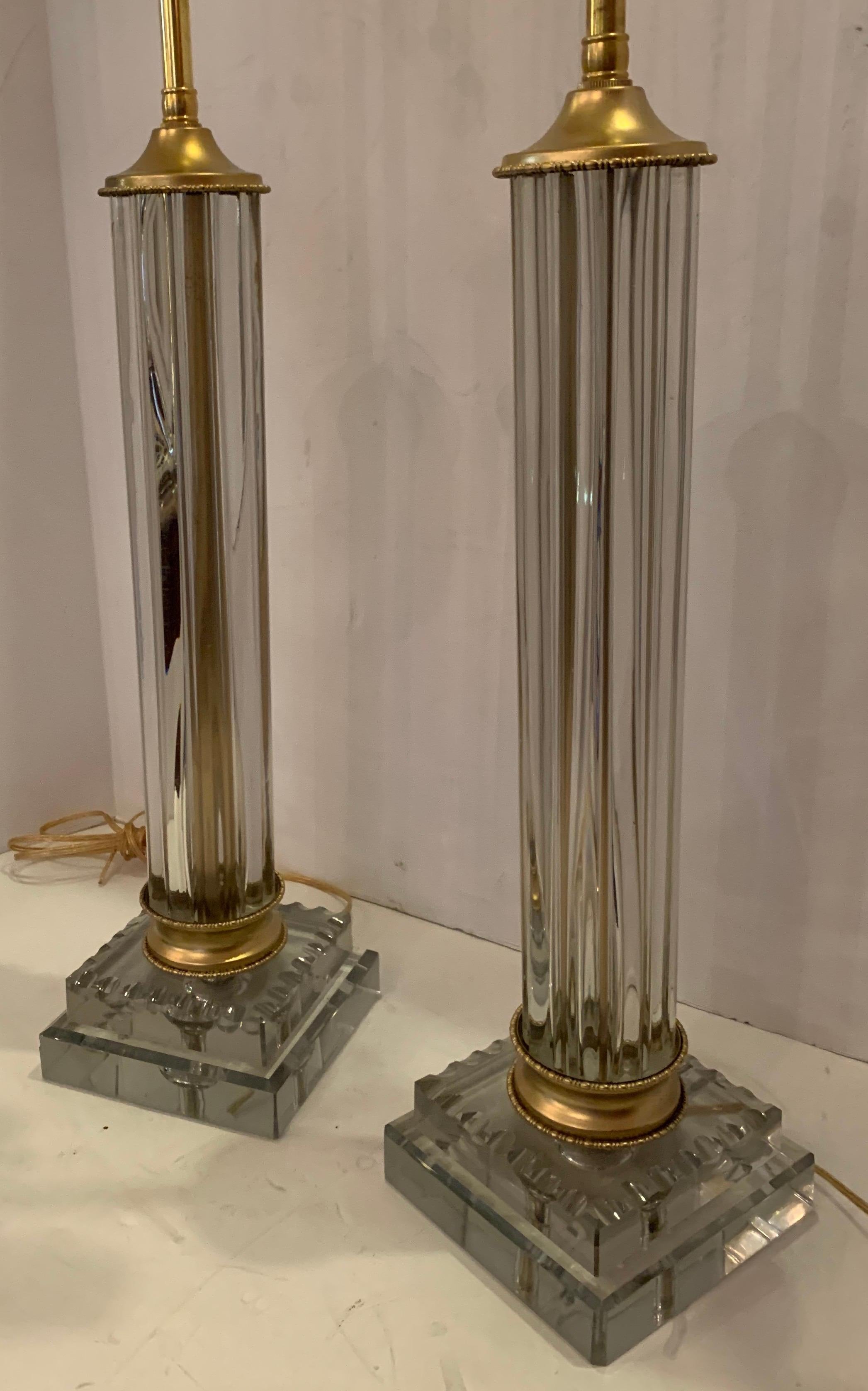 Mid-Century Modern Transitional Deco Column Doré Bronze Crystal Glass Lamp, Pair In Good Condition In Roslyn, NY