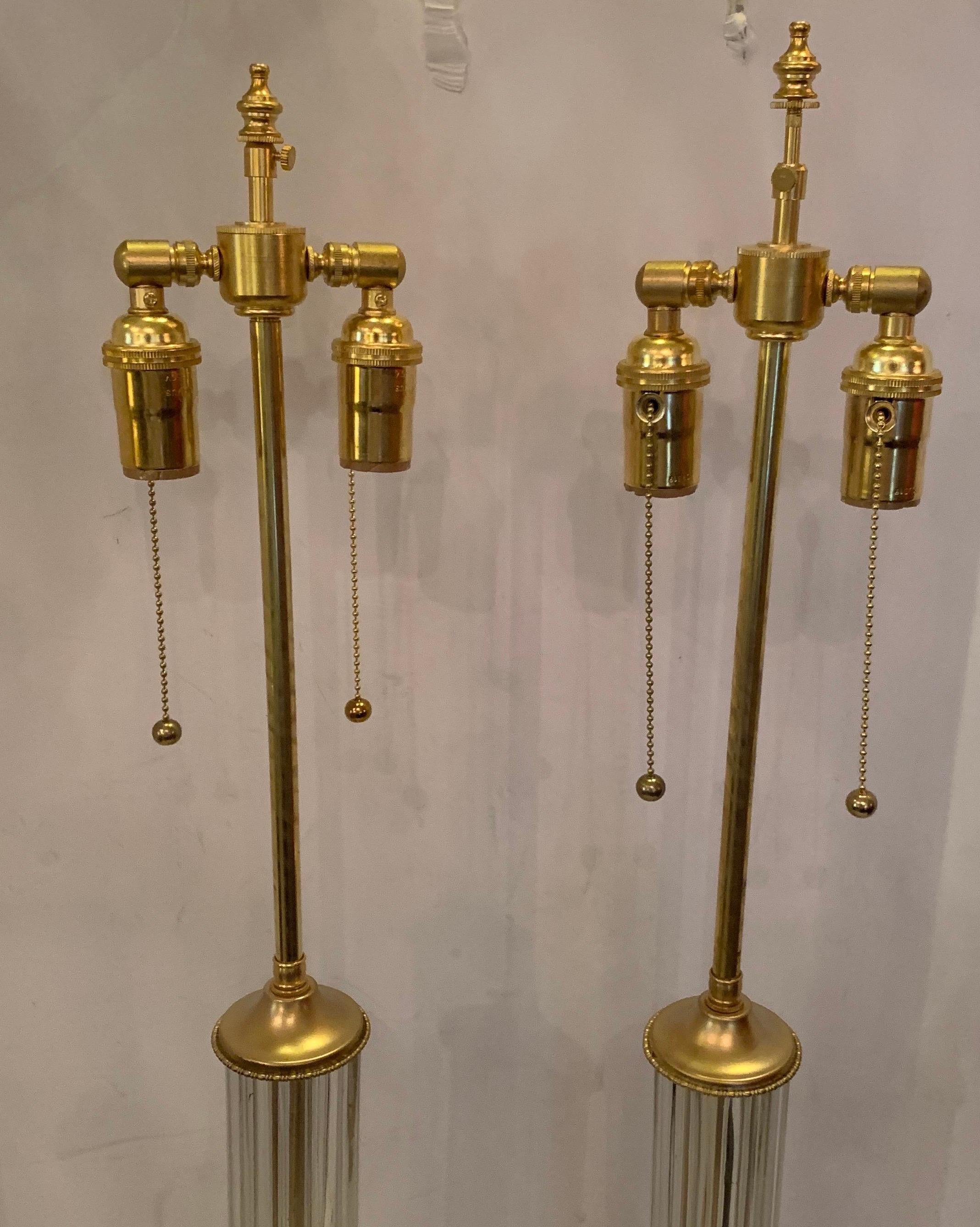 20th Century Mid-Century Modern Transitional Deco Column Doré Bronze Crystal Glass Lamp, Pair