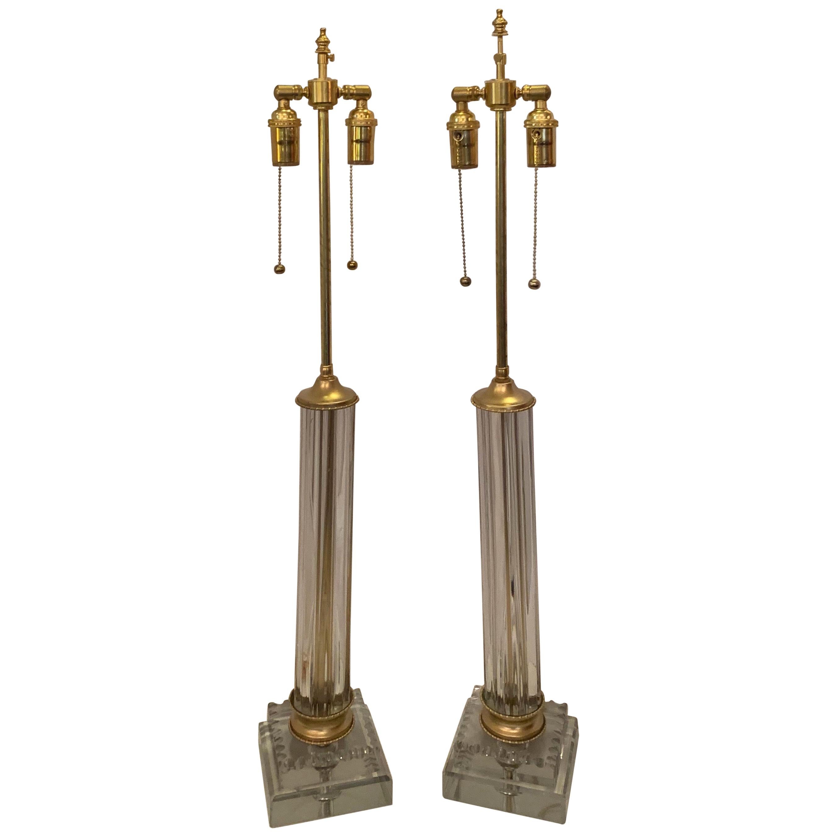 Mid-Century Modern Transitional Deco Column Doré Bronze Crystal Glass Lamp, Pair