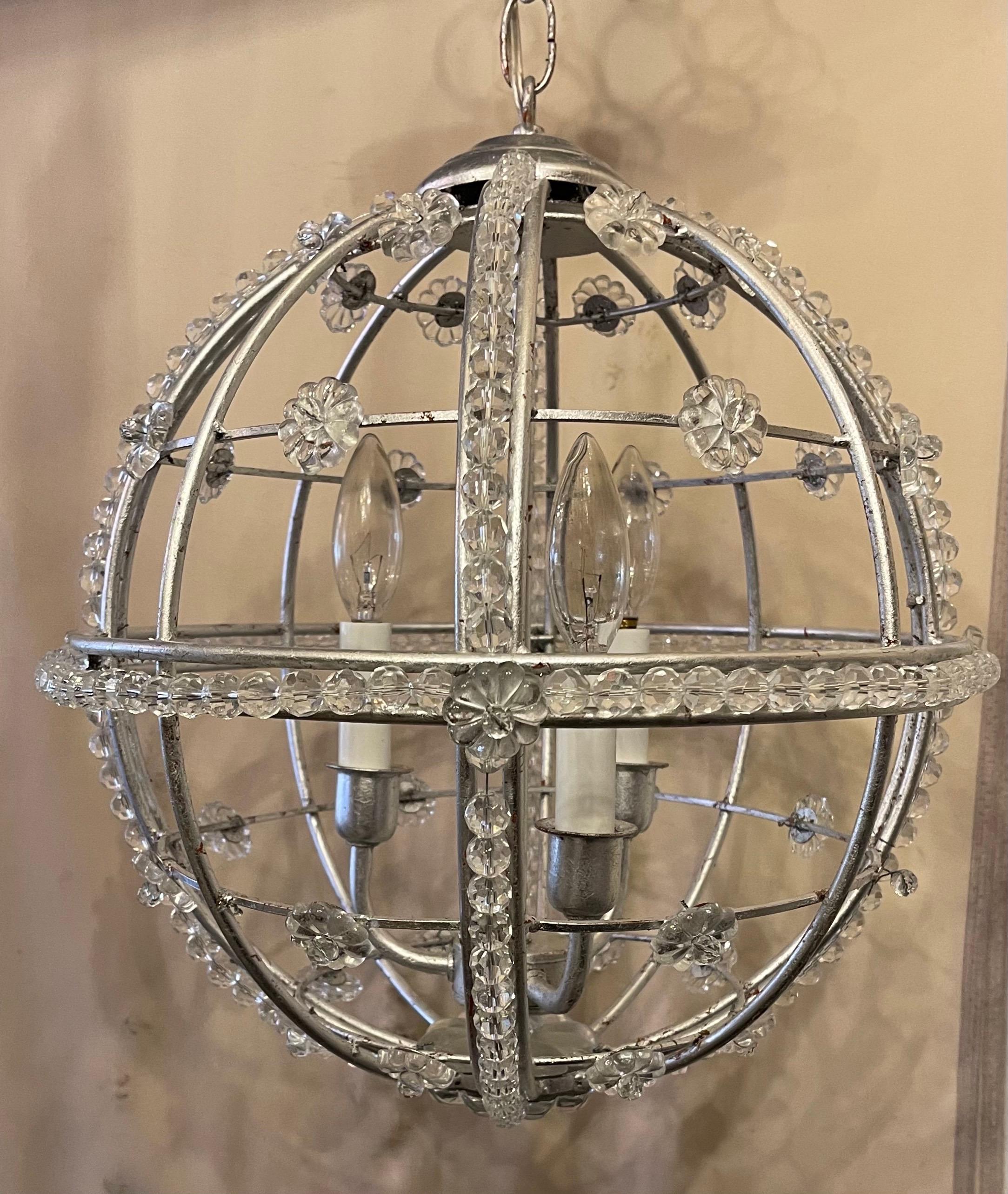 Mid-Century Modern Transitional Pair Silver Leaf Sputnik Ball Chandelier Fixture In Good Condition For Sale In Roslyn, NY