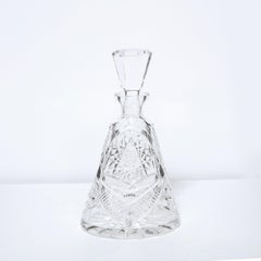 Mid-Century Modern Translucent Etched Crystal Decanter with Geometric Patterns