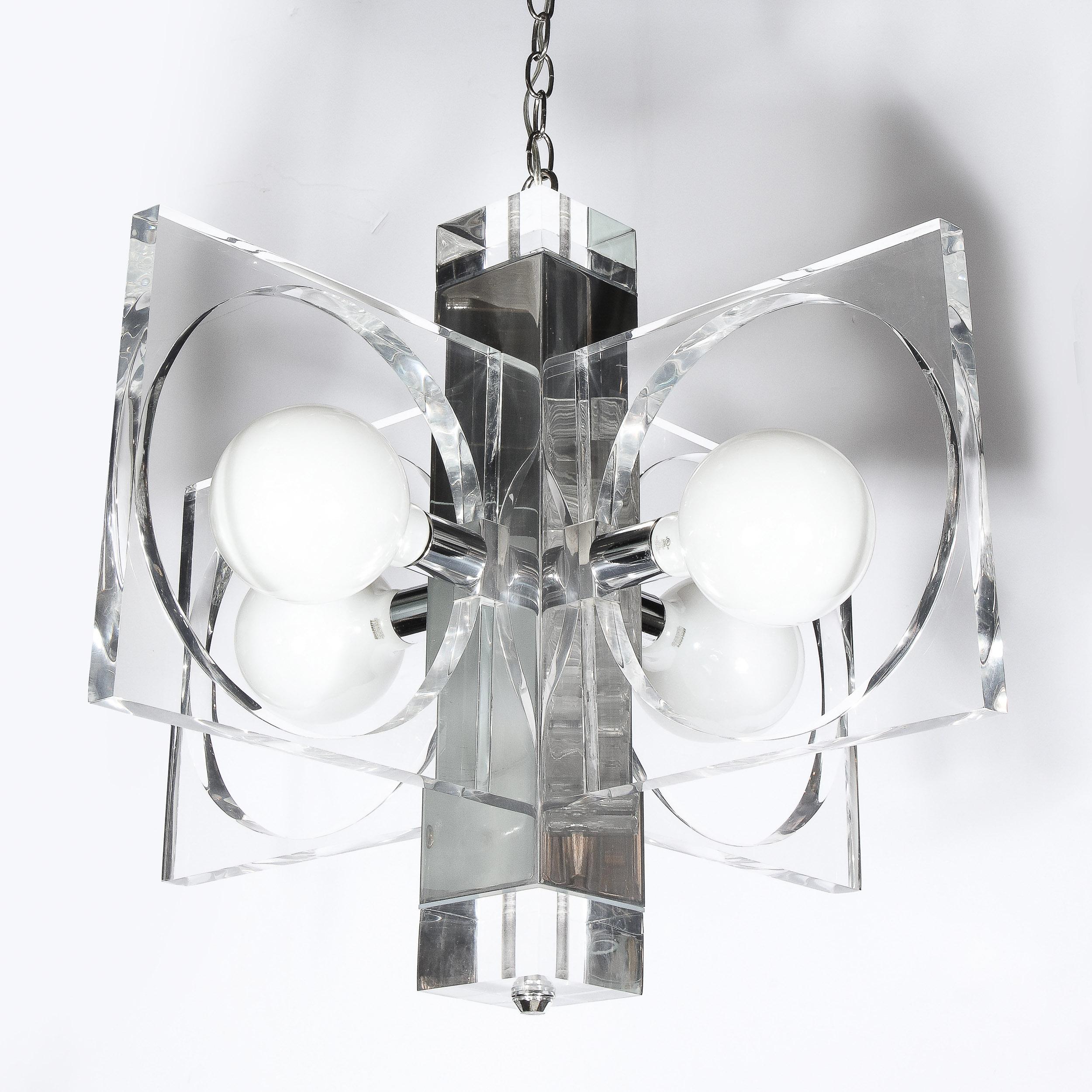 Mid-Century Modern Translucent Lucite & Polished Chrome Cut Out Chandelier For Sale 4