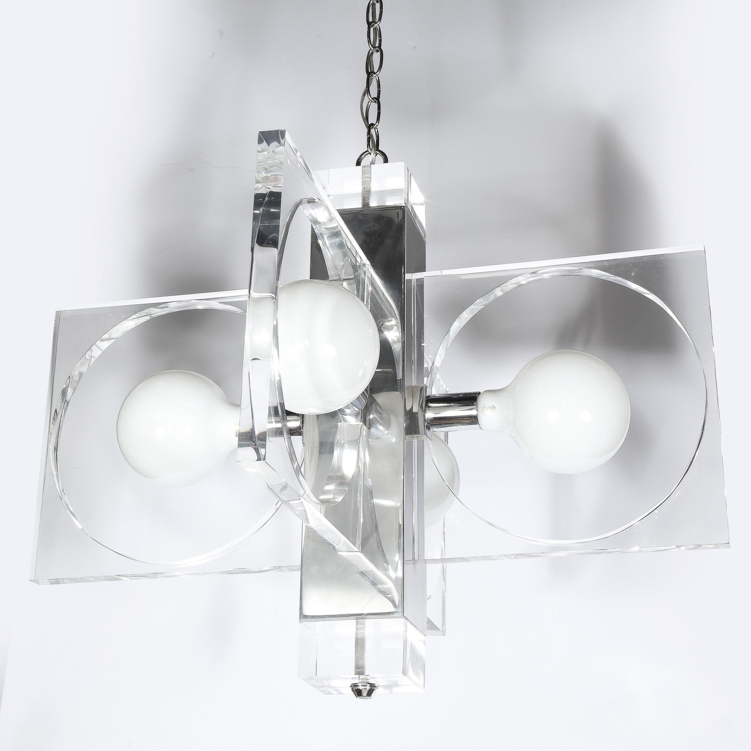 Mid-Century Modern Translucent Lucite & Polished Chrome Cut Out Chandelier For Sale 5