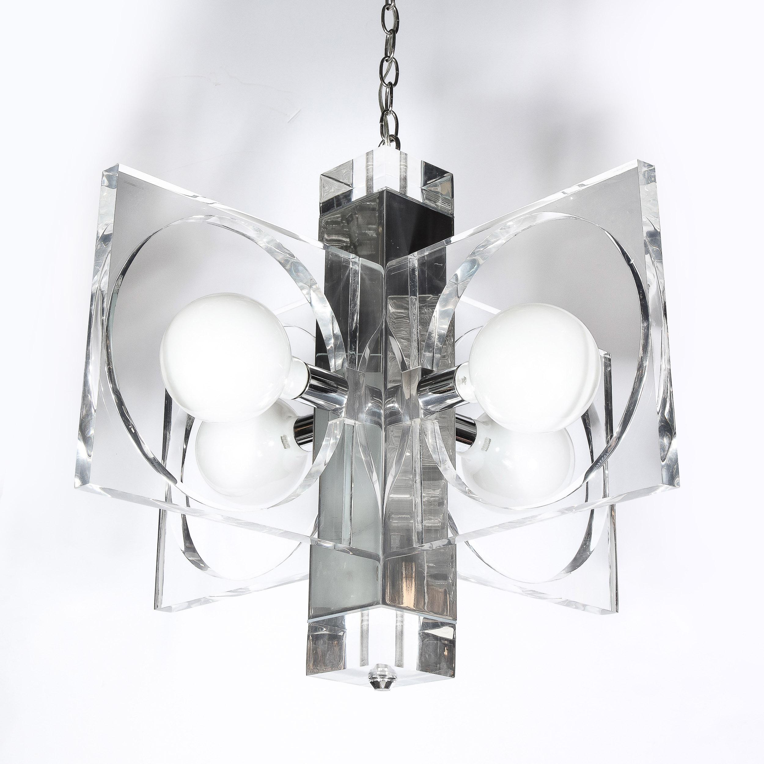 Mid-Century Modern Translucent Lucite & Polished Chrome Cut Out Chandelier For Sale 9