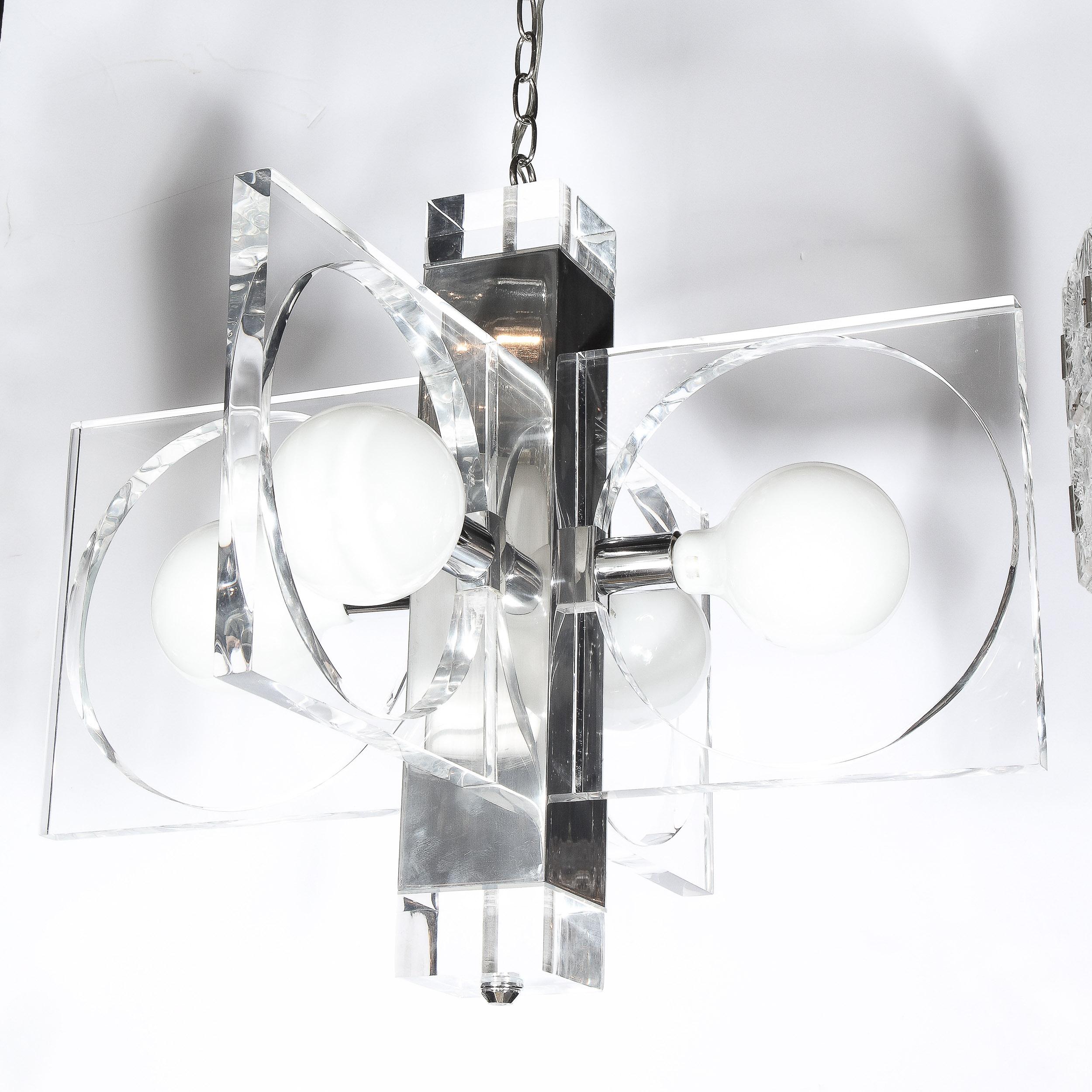 Italian Mid-Century Modern Translucent Lucite & Polished Chrome Cut Out Chandelier For Sale