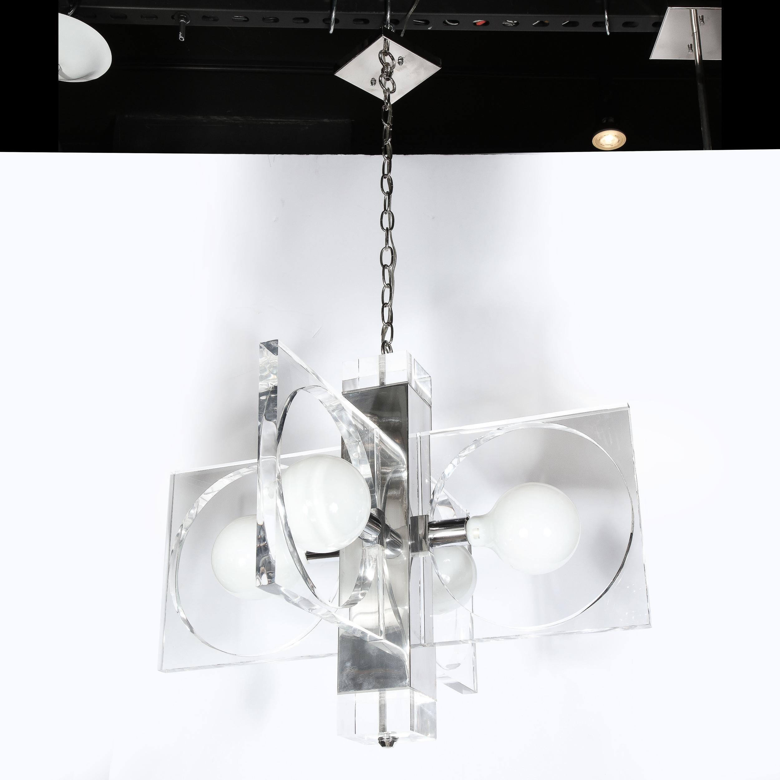 Mid-Century Modern Translucent Lucite & Polished Chrome Cut Out Chandelier For Sale 3