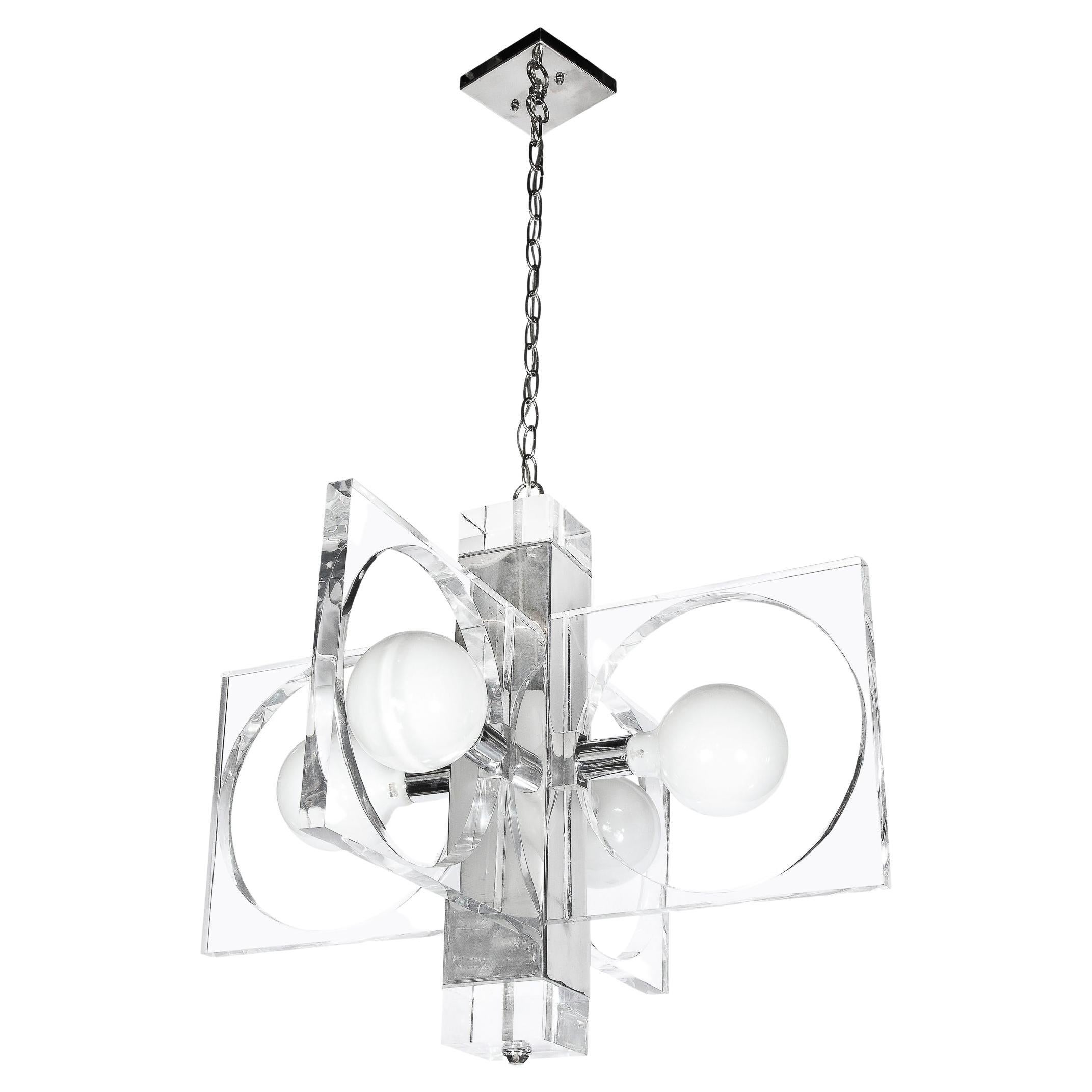 Mid-Century Modern Translucent Lucite & Polished Chrome Cut Out Chandelier For Sale