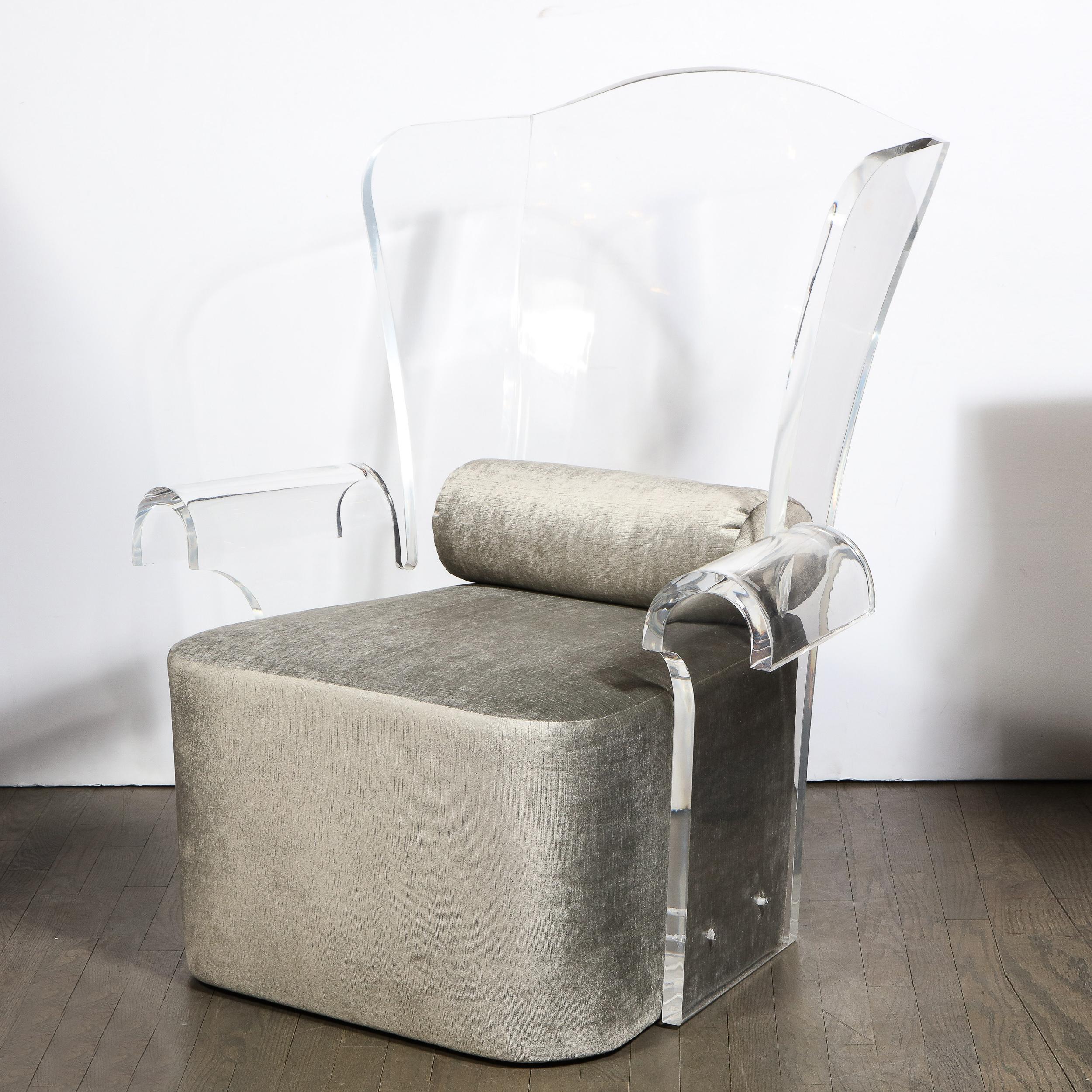 Mid-Century Modern Translucent Lucite Wing Armchair in Platinum Velvet 6