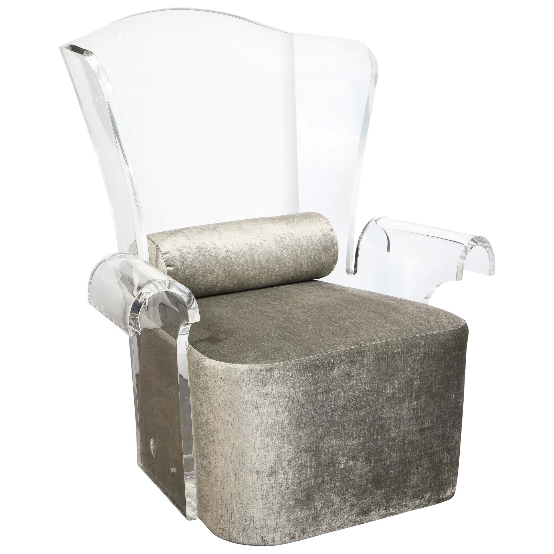 Mid-Century Modern Translucent Lucite Wing Armchair in Platinum Velvet