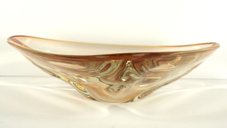 Elegant Mid-Century Modern transparent golden yellow murano glass bowl in a soft triangular shape with rounded edges. One tiny inclusion (in the glass), as shown in photos. Measures 3