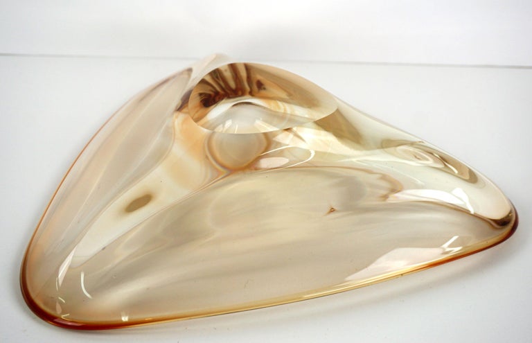 Italian Mid-Century Modern Transparent Golden Yellow Murano Triangle Glass Bowl For Sale
