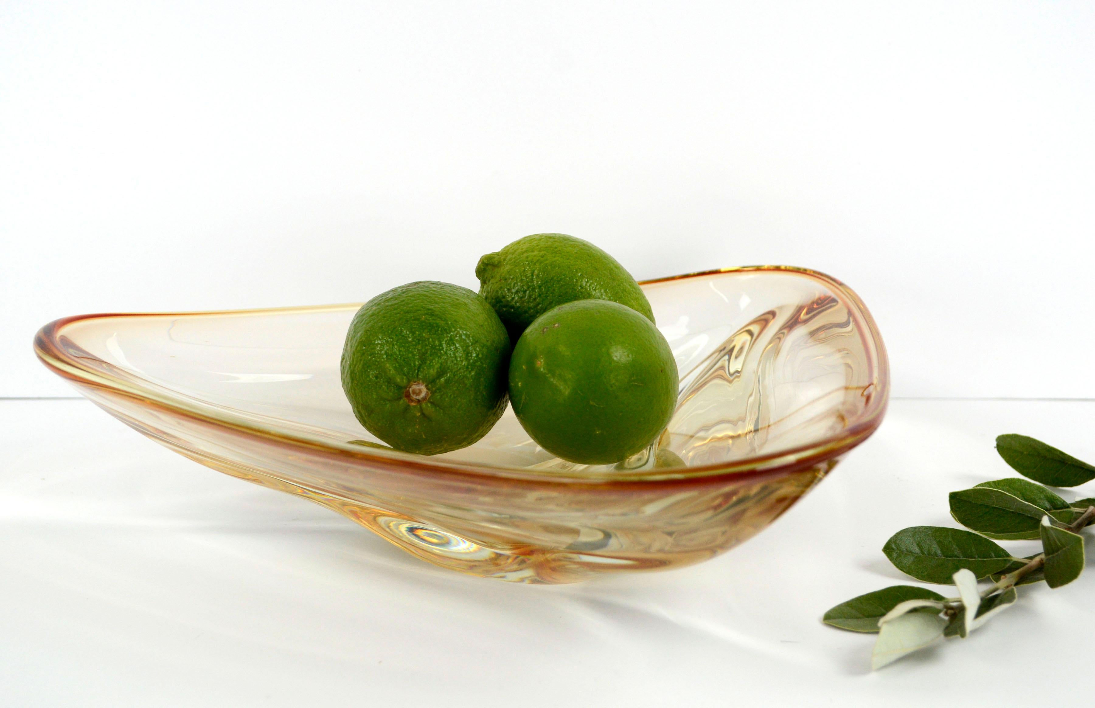 Hand-Crafted Mid-Century Modern Triangle Transparent Golden Yellow Minimal Murano Glass Bowl