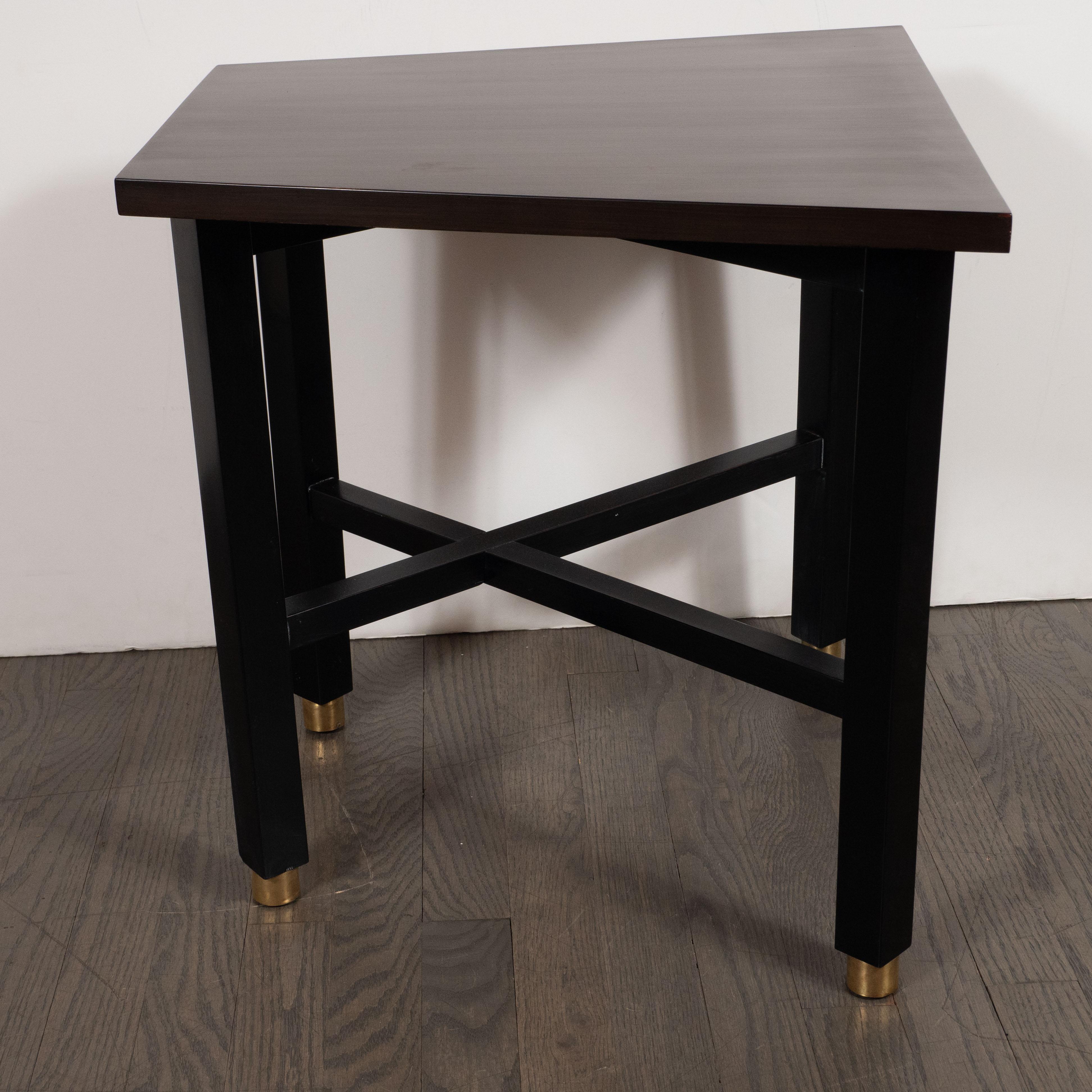 Ebonized Mid-Century Modern Trapezoidal Walnut Side Table with Brass Sabots by Dunbar For Sale