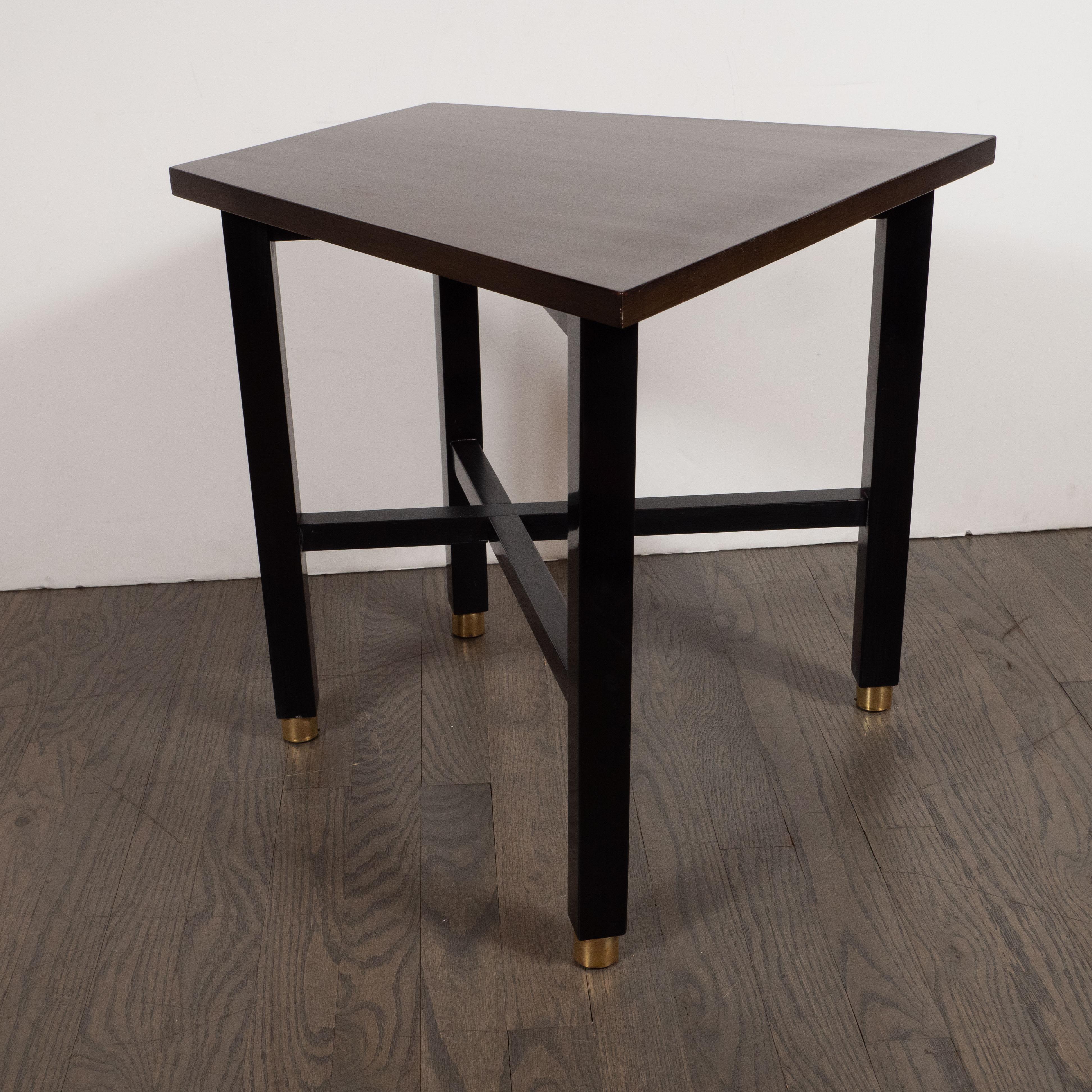 Mid-Century Modern Trapezoidal Walnut Side Table with Brass Sabots by Dunbar In Excellent Condition For Sale In New York, NY