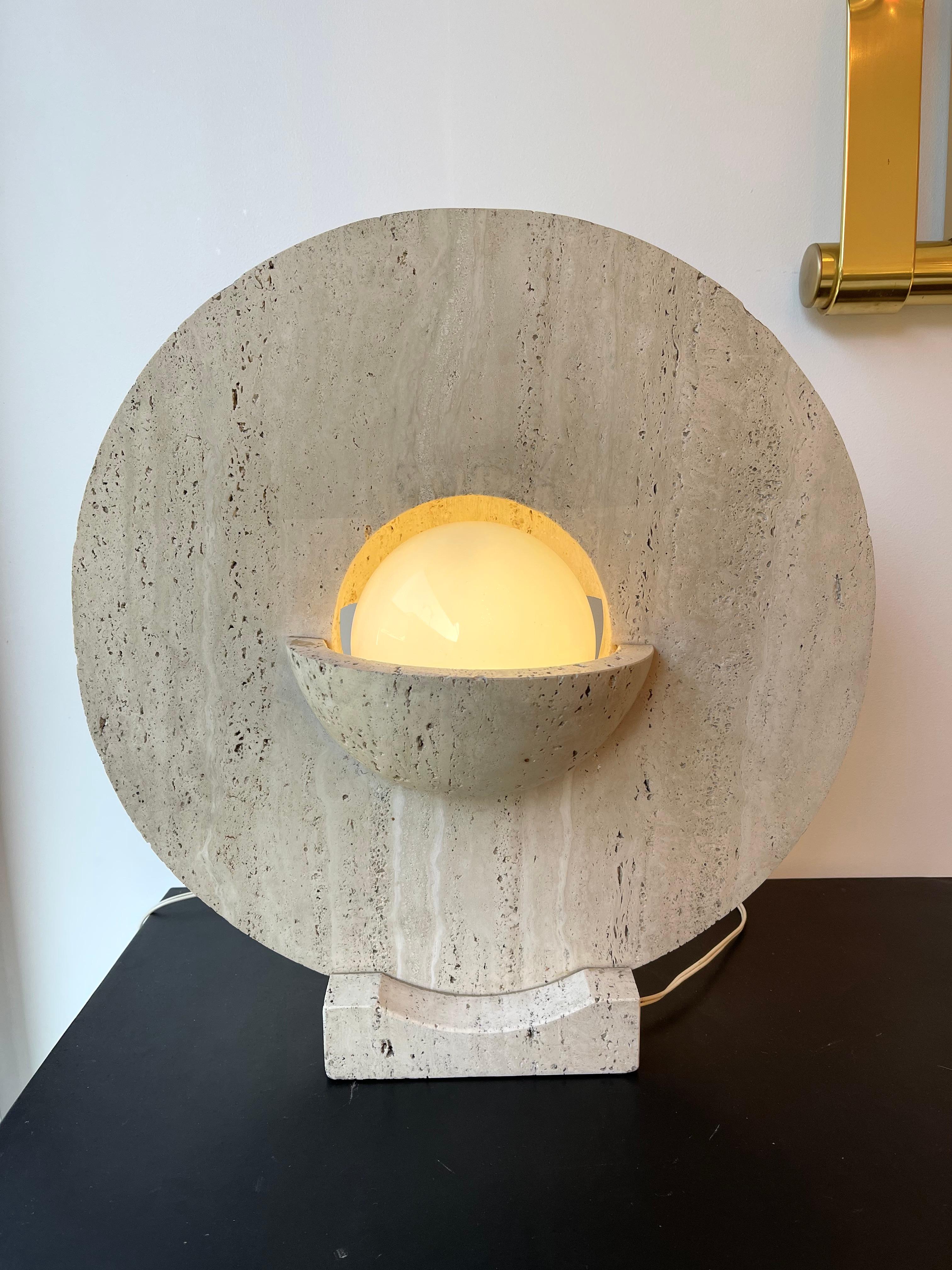 Opaline Glass Mid-Century Modern Travertine Abstract Sculpture Lamp. Italy, 1970s For Sale