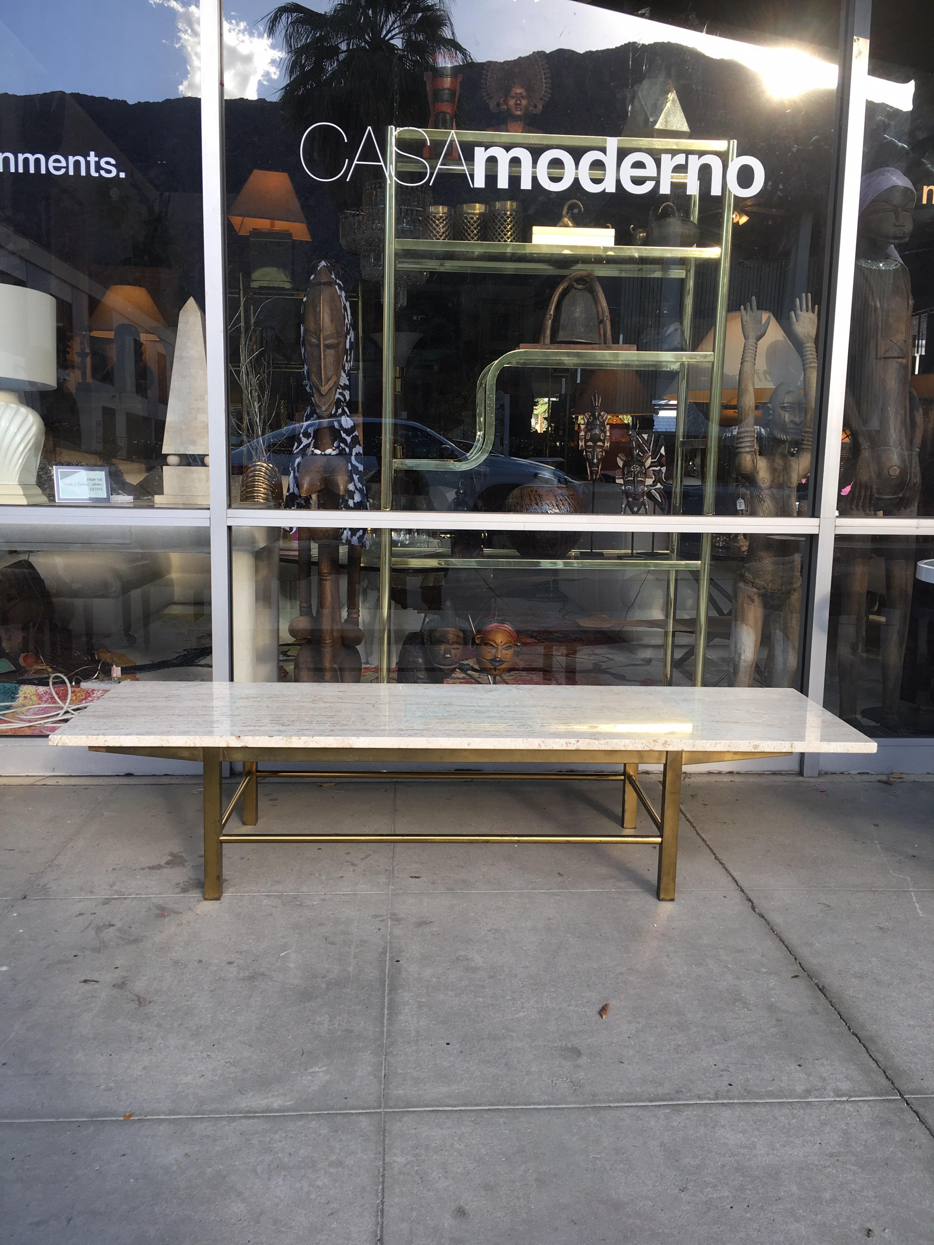 Mid-Century Modern Mid-Century Probber Style Modern Travertine and Brass Rectangle Coffee Table