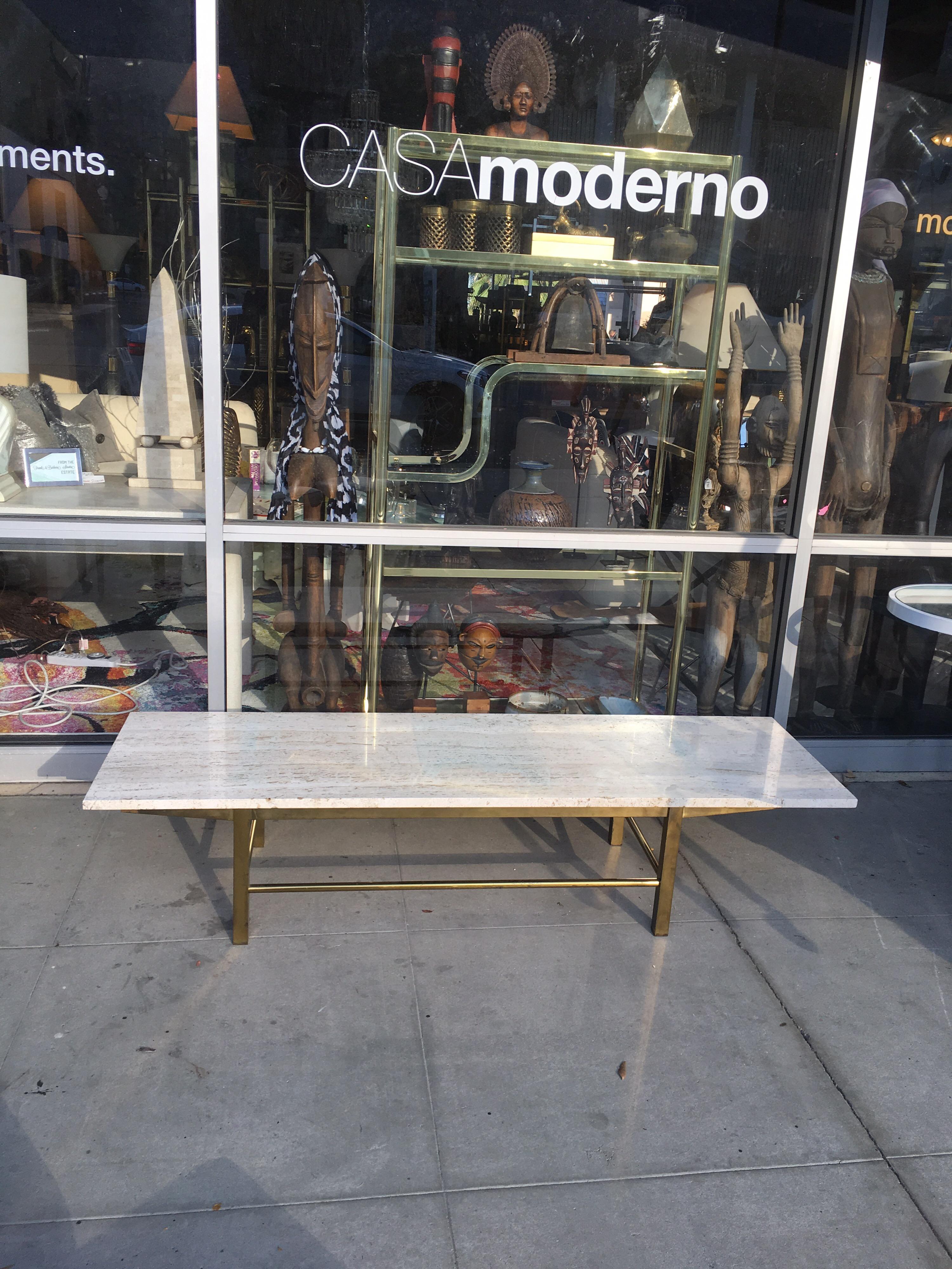 Mid-Century Probber Style Modern Travertine and Brass Rectangle Coffee Table In Fair Condition In Palm Springs, CA