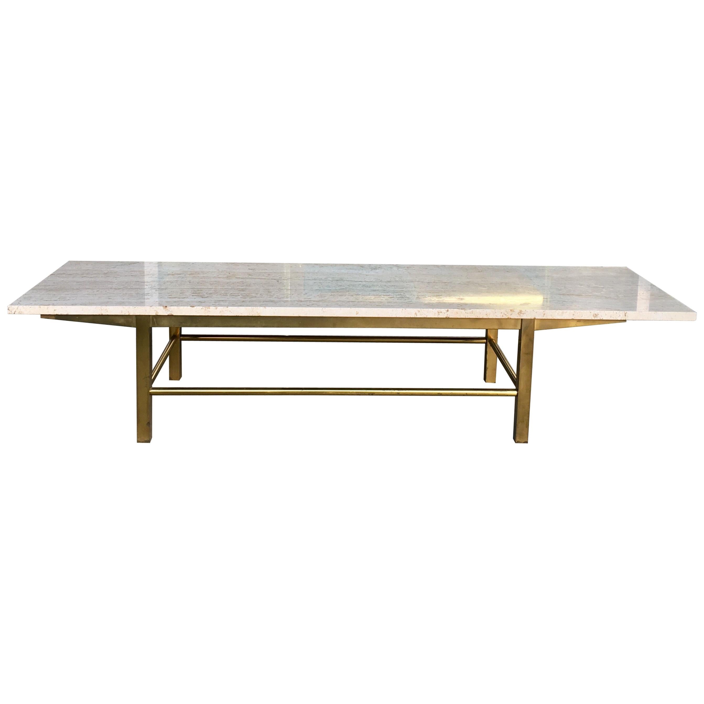 Mid-Century Probber Style Modern Travertine and Brass Rectangle Coffee Table