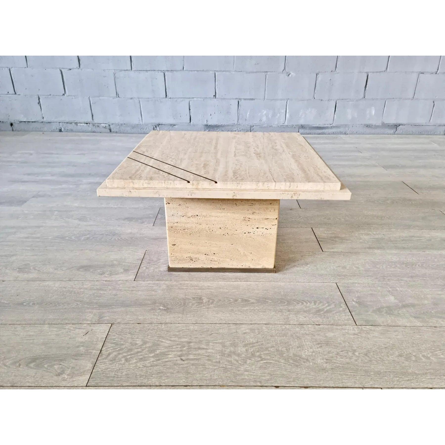 italien Table basse en métal et travertin de style moderne Willy Rizzo en vente