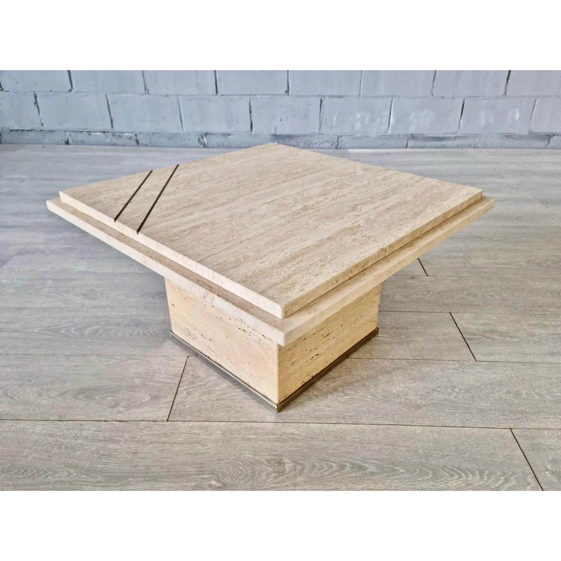 Travertin Table basse en métal et travertin de style moderne Willy Rizzo en vente