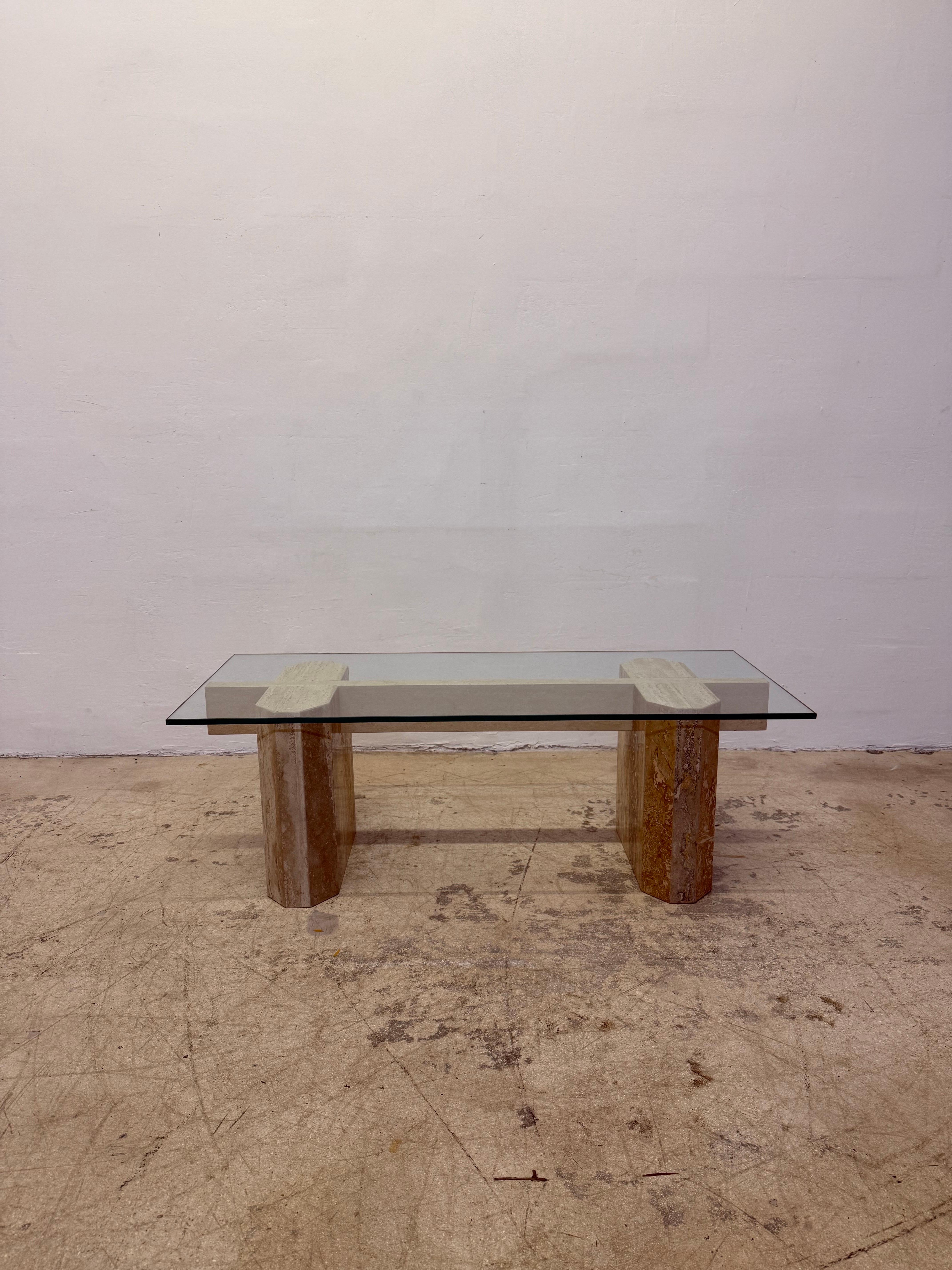 Mid-Century Modern Travertine Coffee Table With Polished Edge Glass Top, 1970s For Sale 8