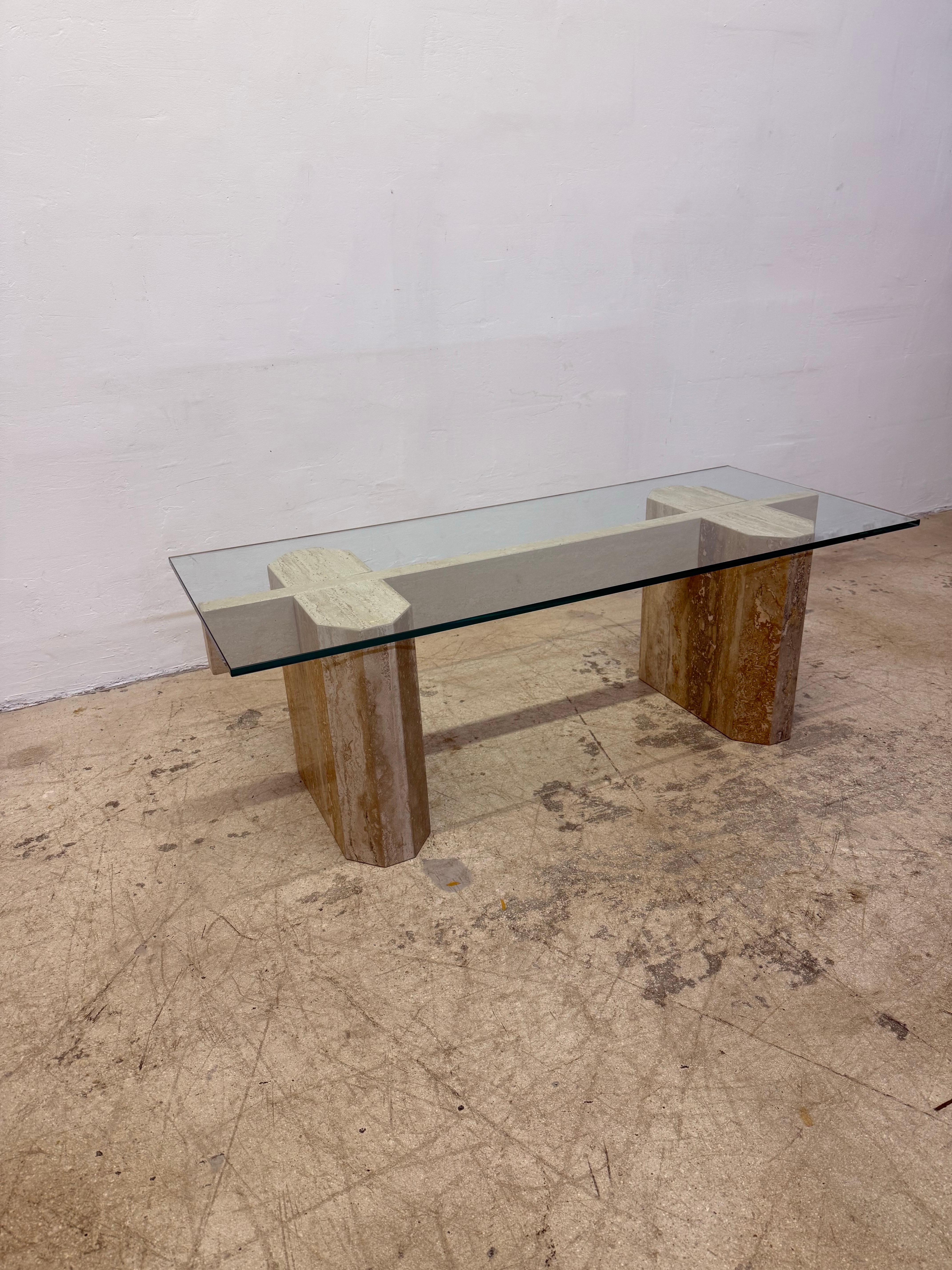 Italian Mid-Century Modern Travertine Coffee Table With Polished Edge Glass Top, 1970s For Sale