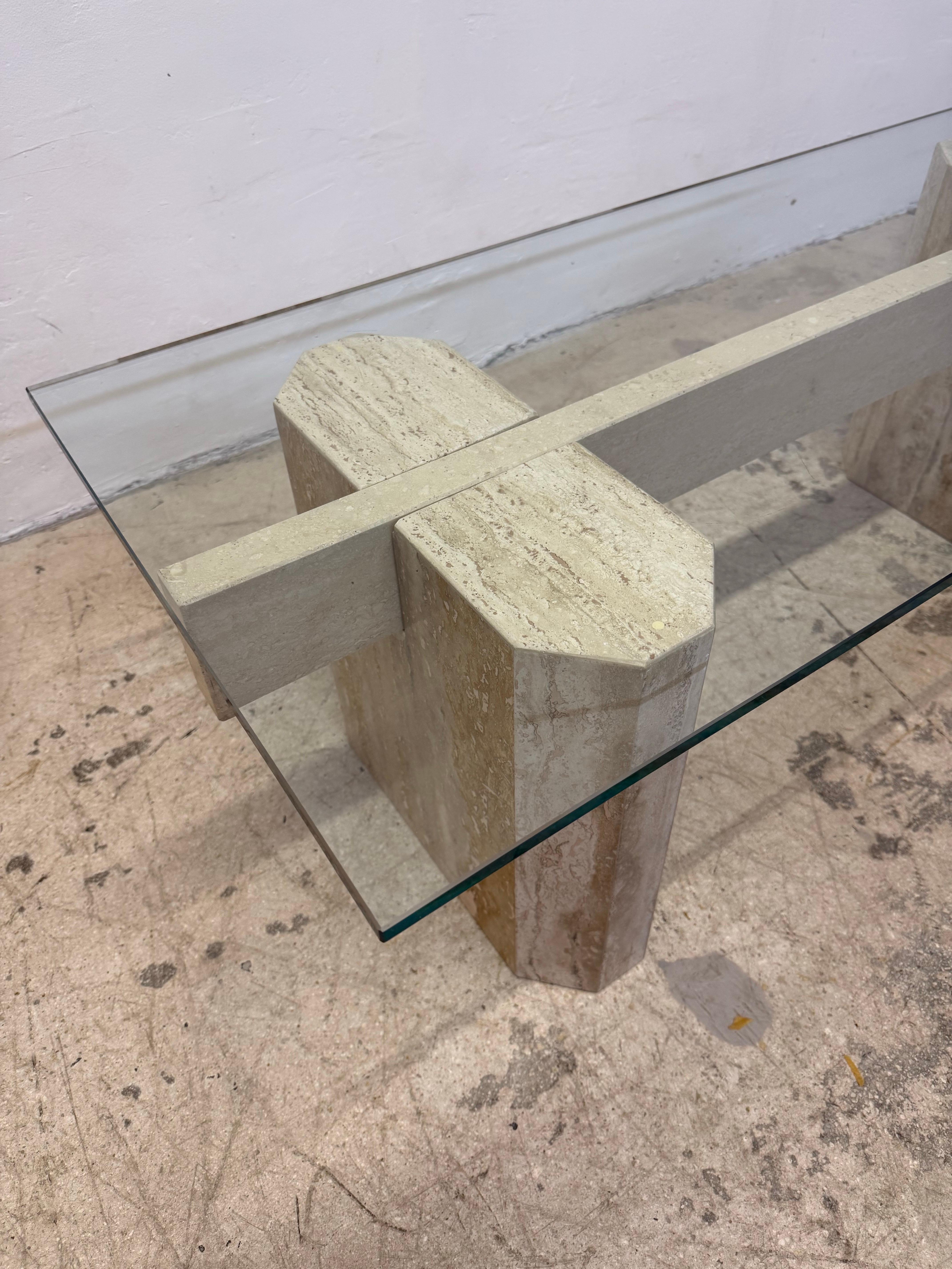 20th Century Mid-Century Modern Travertine Coffee Table With Polished Edge Glass Top, 1970s For Sale