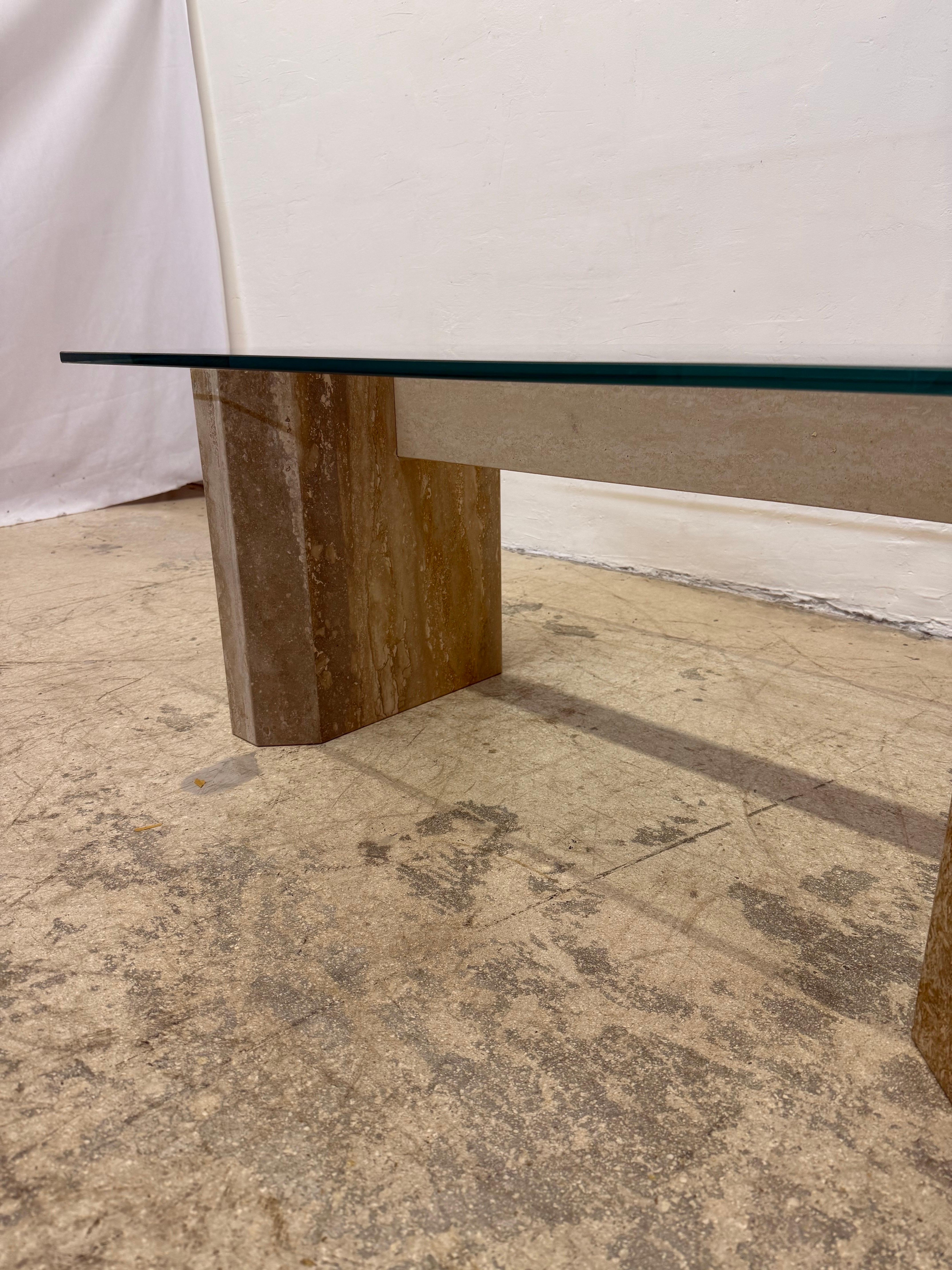 Mid-Century Modern Travertine Coffee Table With Polished Edge Glass Top, 1970s For Sale 2