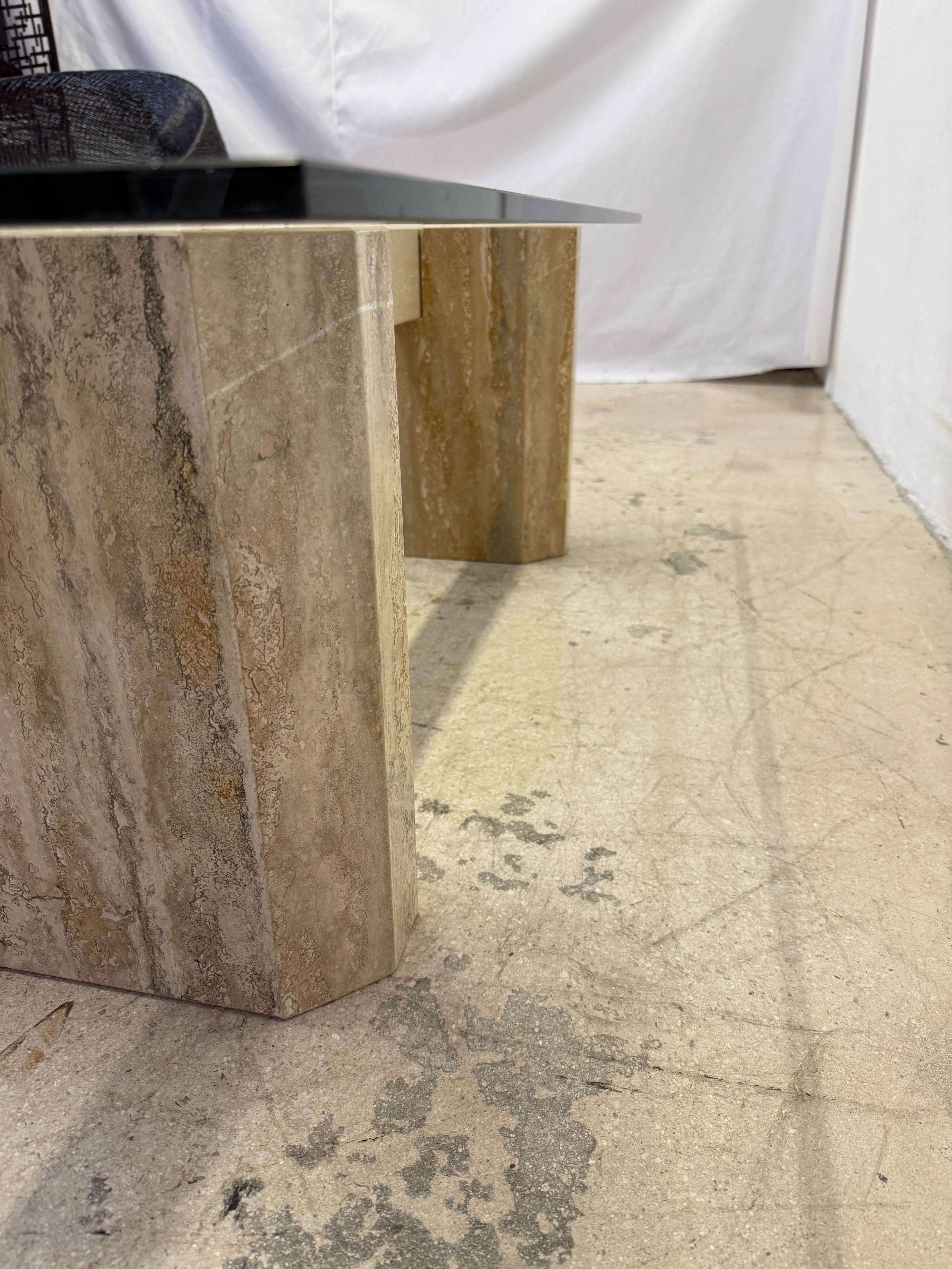 Mid-Century Modern Travertine Coffee Table With Polished Edge Glass Top, 1970s For Sale 3