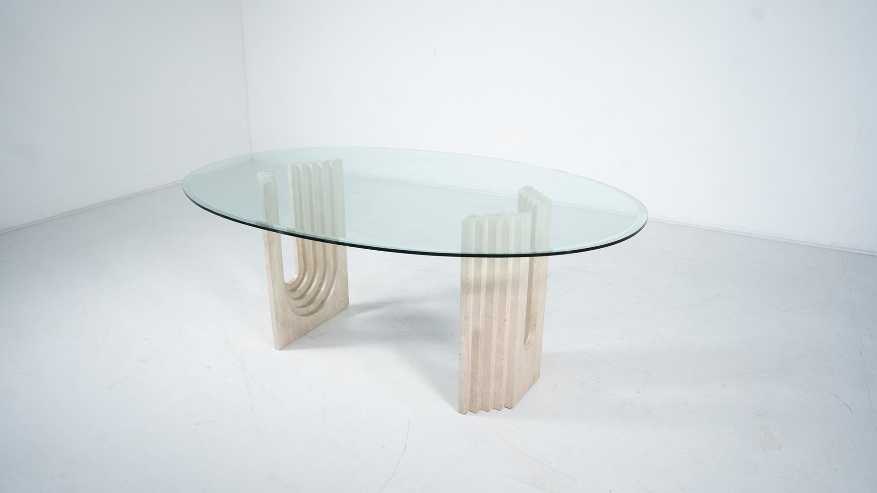 Verre Table de salle à manger en travertin moderne du milieu du siècle dernier par Carlo Scarpa, 1970 en vente