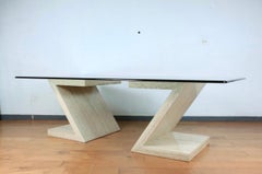 Mid-Century Modern Travertine & Glass Dining Table  Sculptural Z-Base, 1970s