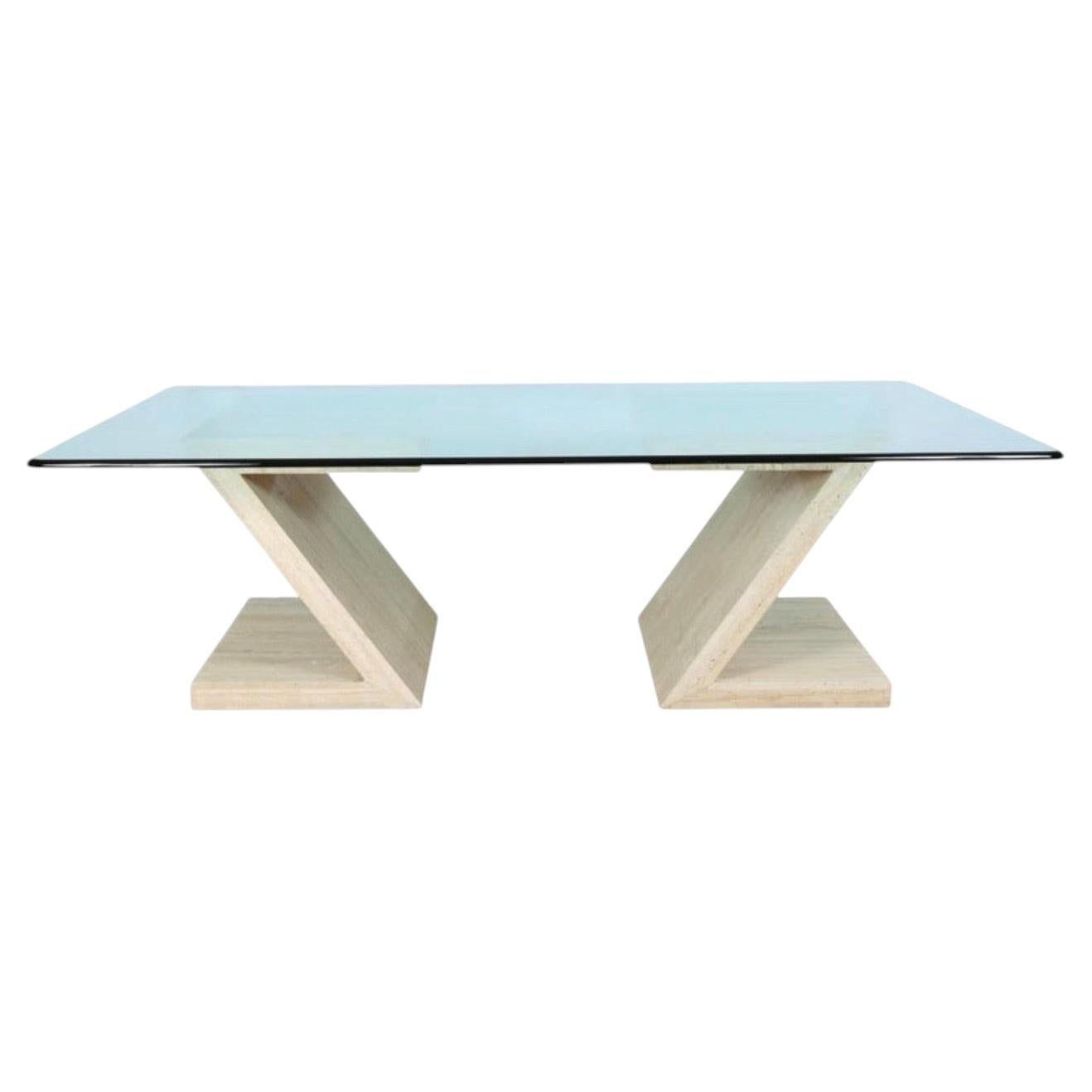 Mid-Century Modern Travertine & Glass Dining Table Sculptural Z-Base, 1970s