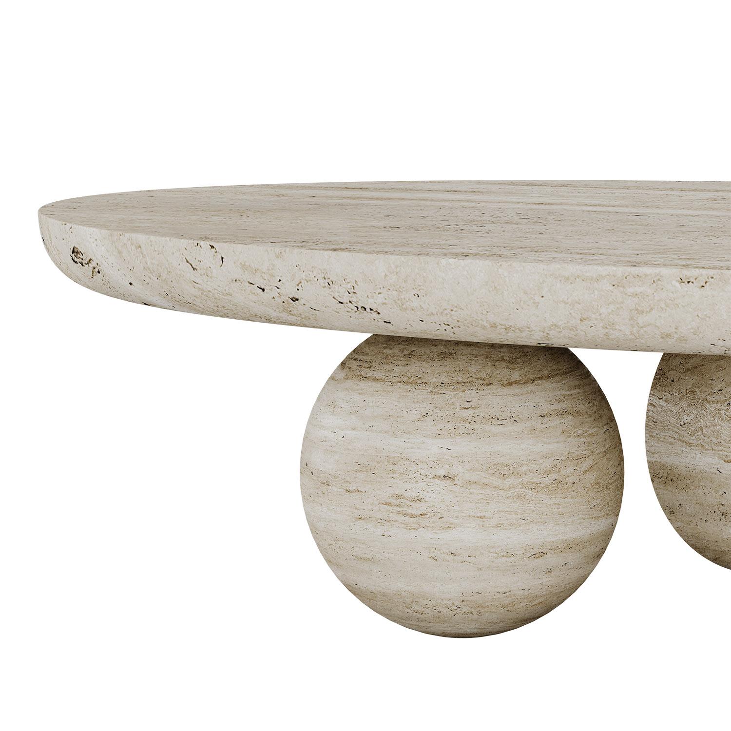 Hand-Carved Mid-Century Modern Oval Ravel Coffee Table in Travertine by Mavo Atelier For Sale