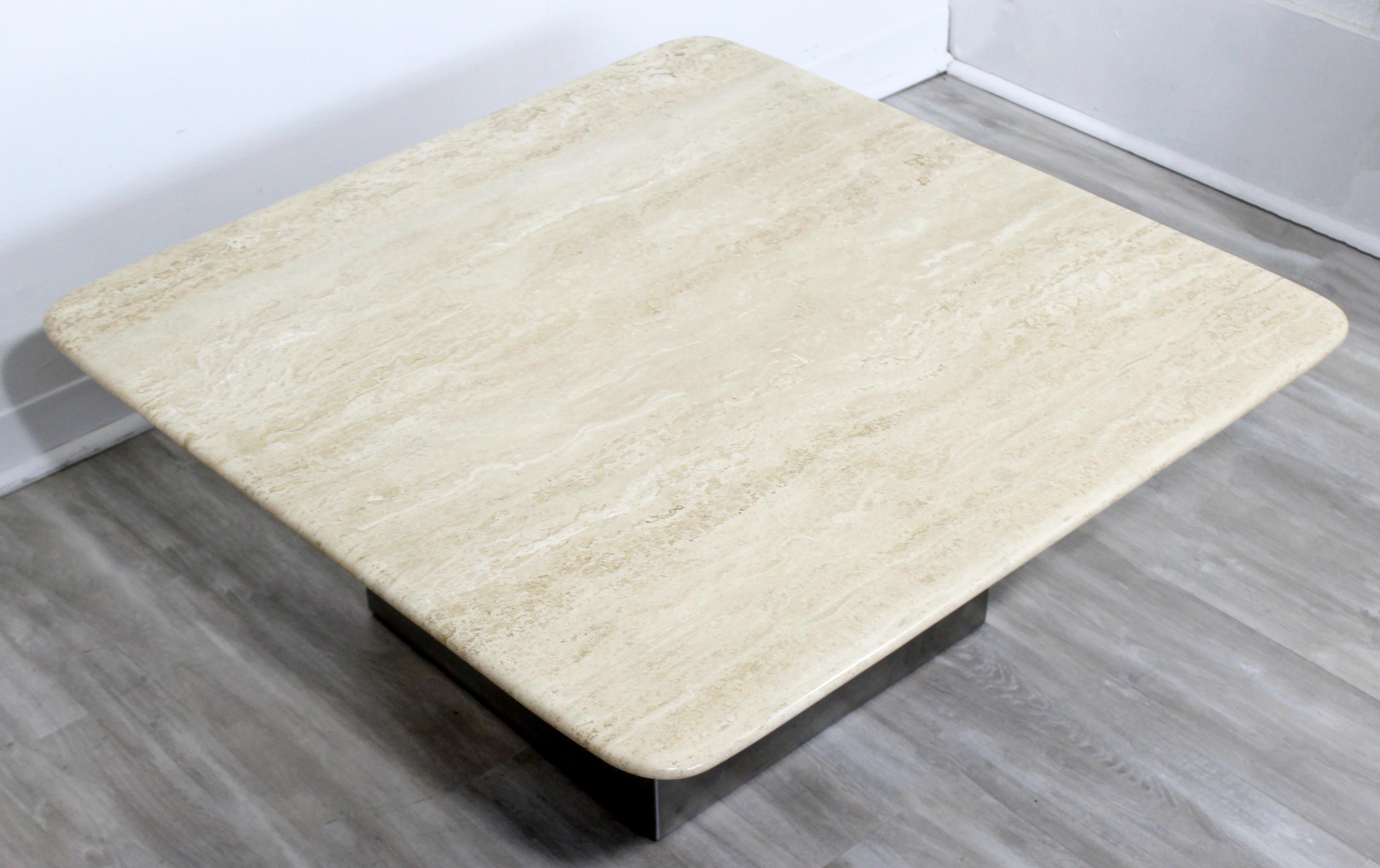 Mid-Century Modern Travertine and Steel Square Coffee Table 1980s Baughman Era In Good Condition In Keego Harbor, MI