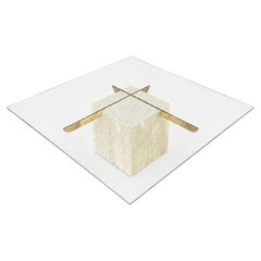 Mid-Century Modern Travertine Stone & Brass Coffee Table by Artedi