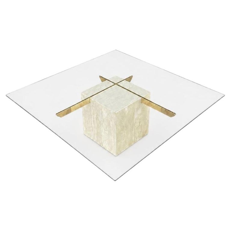 Mid-Century Modern Travertine Stone & Brass Coffee Table by Artedi