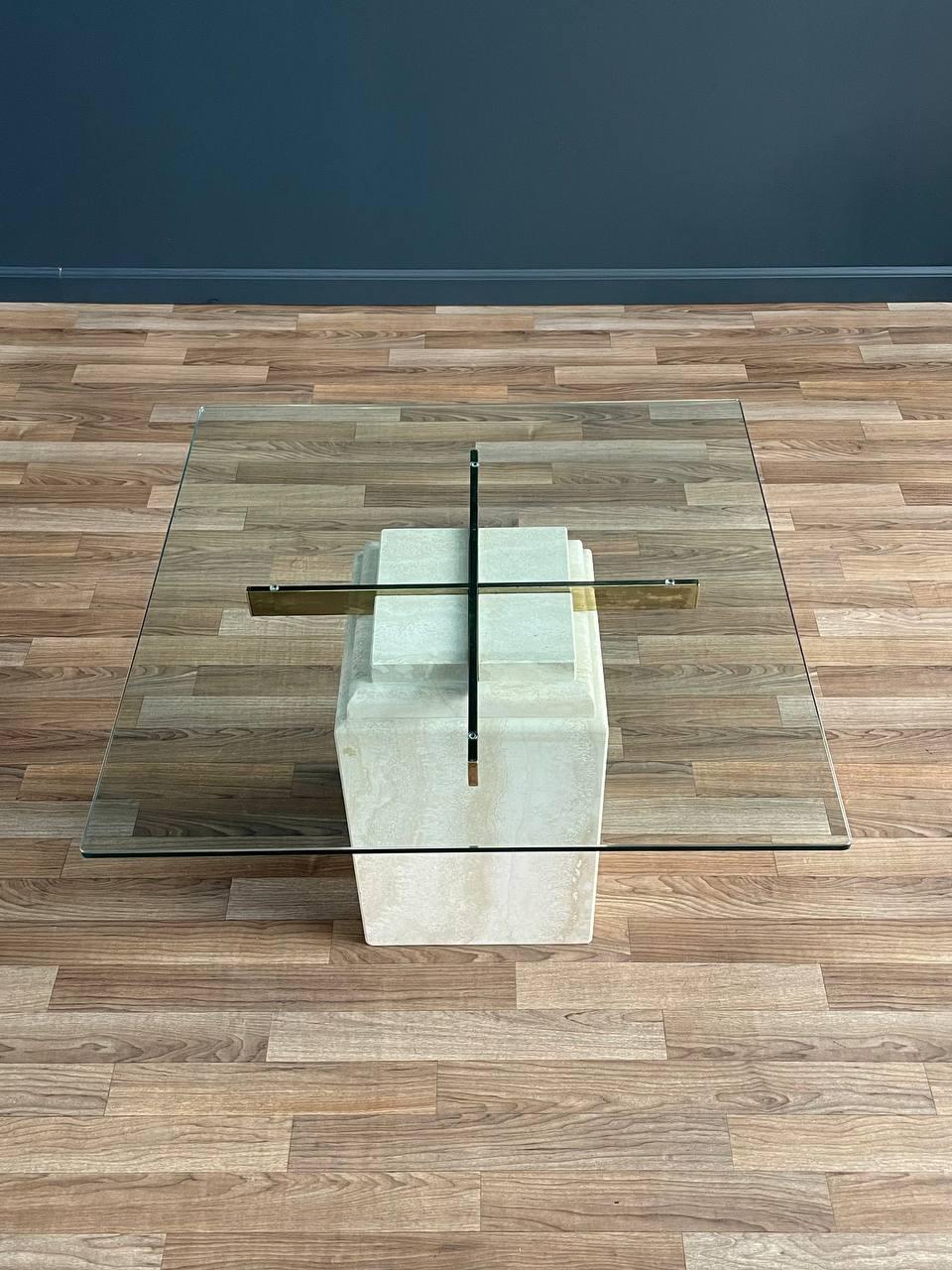 Condition: New Glass Top, Original Condition on Stone

Materials: Travertine, Patinated Brass, New Glass Top
