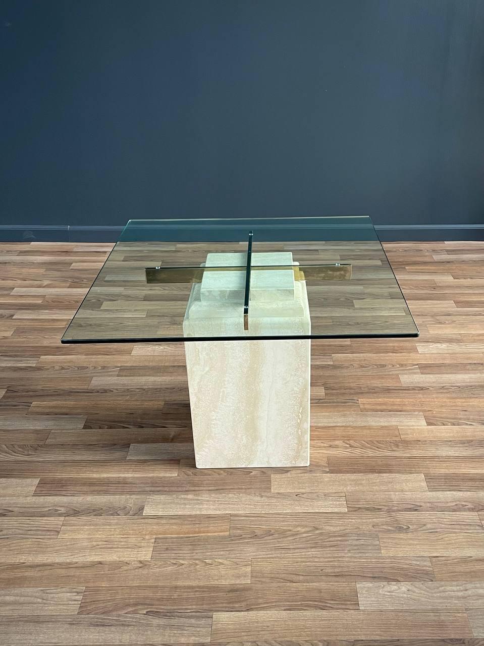 Italian Mid-Century Modern Travertine Stone & Brass Side Table For Sale