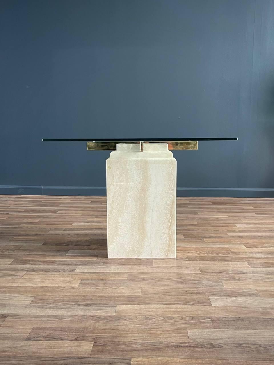 Mid-Century Modern Travertine Stone & Brass Side Table In Good Condition For Sale In Los Angeles, CA