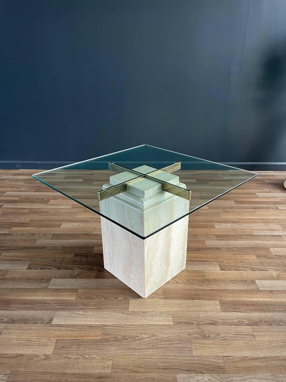Late 20th Century Mid-Century Modern Travertine Stone & Brass Side Table For Sale