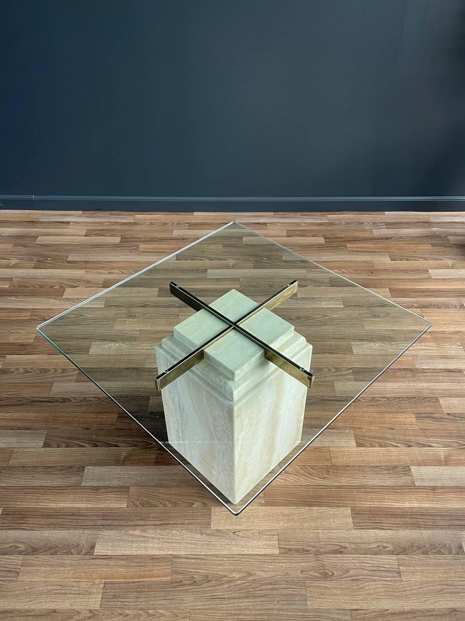 Mid-Century Modern Travertine Stone & Brass Side Table For Sale 1